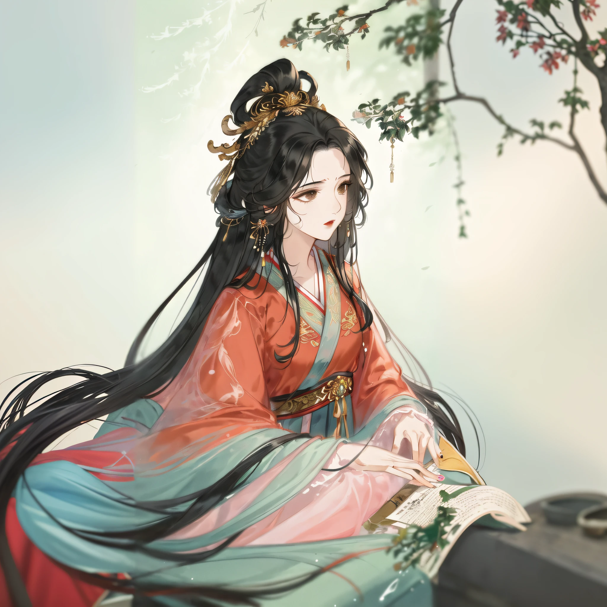 anime girl in a red and blue dress sitting on a bench, palace ， a girl in hanfu, ((a beautiful fantasy empress)), a beautiful fantasy empress, beautiful character painting, flowing hair and long robes, inspired by Du Qiong, inspired by Qiu Ying, ancient chinese princess, inspired by Ju Lian, inspired by Lan Ying, wearing ancient chinese clothes