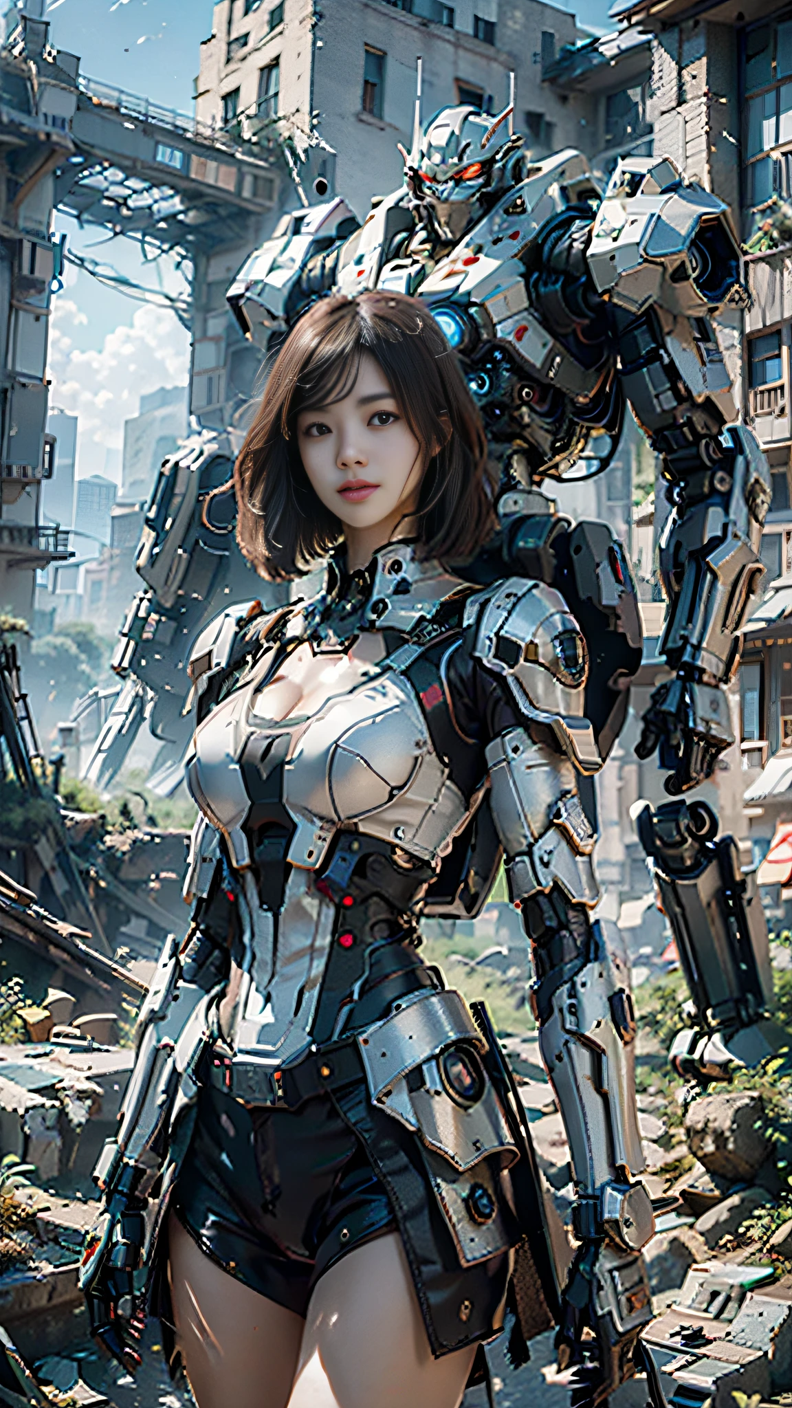 ((Best quality)), ((masterpiece)), (highly detailed:1.3), 3D,Shitu-mecha, beautiful cyberpunk women with her mecha in the ruins of city from a forgoten war, ancient technology,HDR (High Dynamic Range),Ray Tracing,NVIDIA RTX,Super-Resolution,Unreal 5,Subsurface scattering,PBR Texturing,Post-processing,Anisotropic Filtering,Depth-of-field,Maximum clarity and sharpness,Multi-layered textures,Albedo and Specular maps,Surface shading,Accurate simulation of light-material interaction,Perfect proportions,Octane Render,Two-tone lighting,Low ISO,White balance,Rule of thirds,Wide aperature,8K RAW,Efficient Sub-Pixel,sub-pixel convolution,luminescent particles,light scattering,Tyndall effect