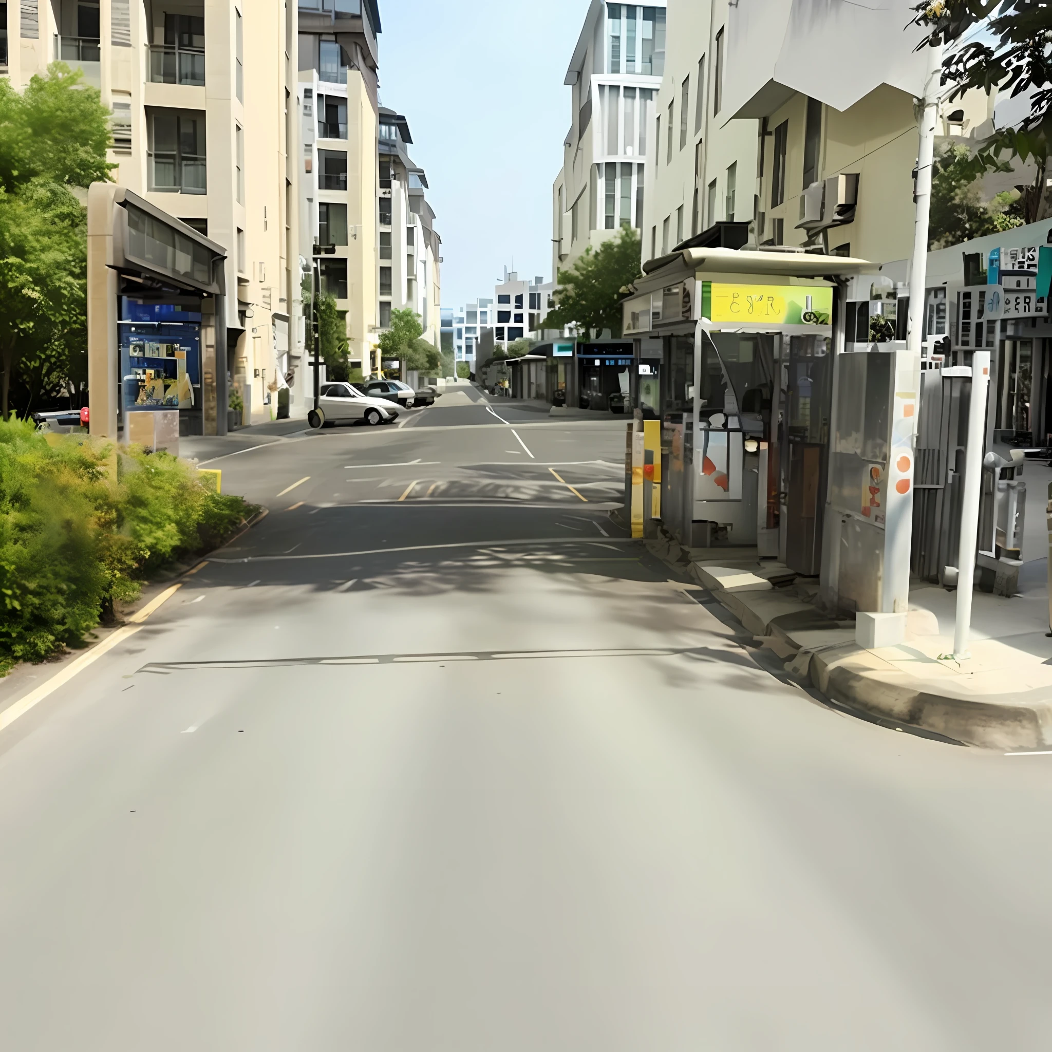 there is a bus stop on the side of the road, street level view, street view, [ realistic photo ]!!, street top view, street, photo realisitc, city street view background, streetview, single street, street background, 2 meters, [ 4 k photorealism ], street perspective, photograph of the city street, soft filmic tonemapping