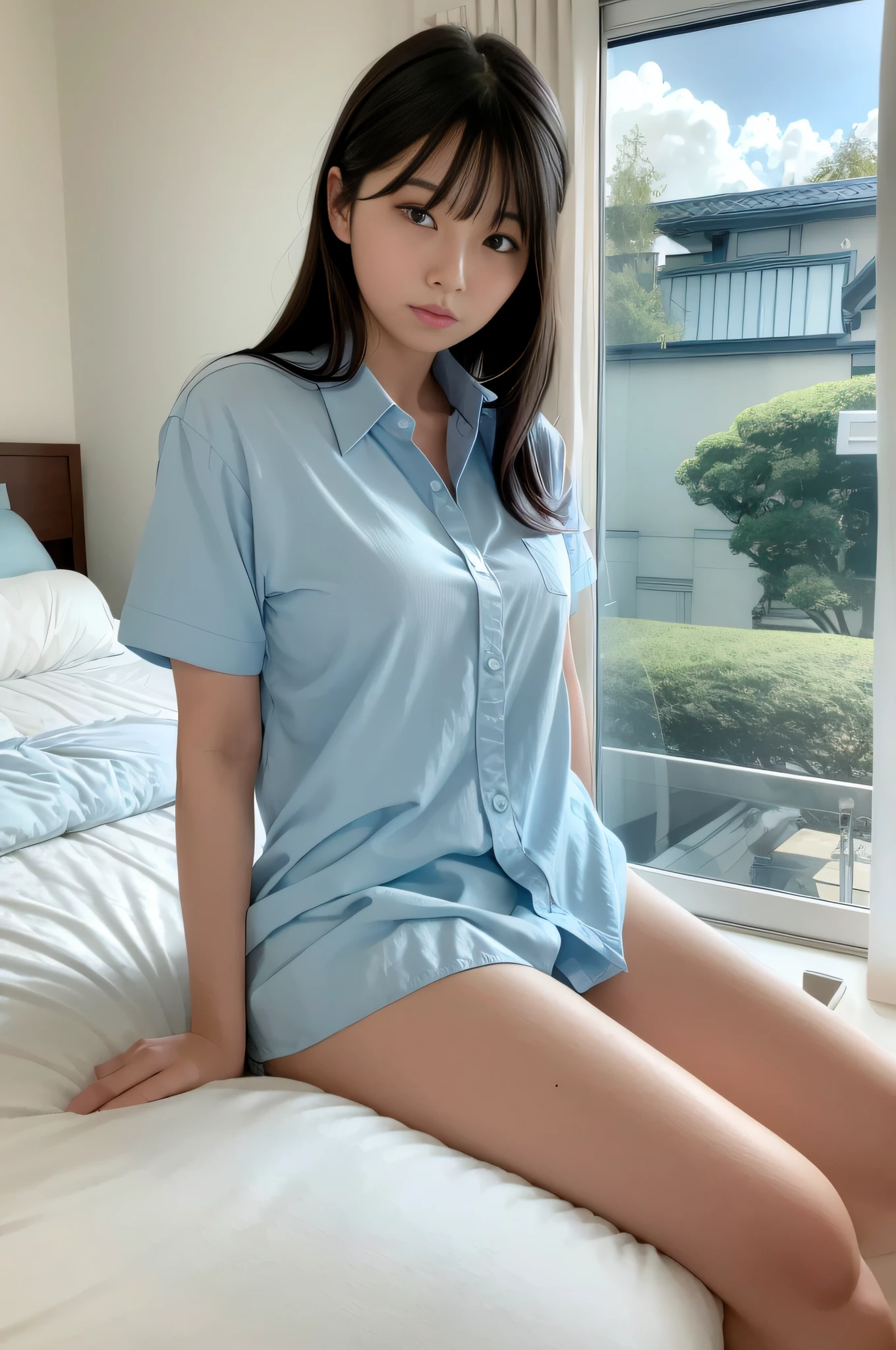 Woman sitting on bed in sky blue shirt, Japan model, posing in bedroom, sitting in bed, soft morning lighting, ultra realistic image, wearing sky blue shirt, sitting on bed, white panties, soft body, soft natural light, posing in bed, Japan goddess, sitting in bedroom, attractive pose, young sensual gravure idol