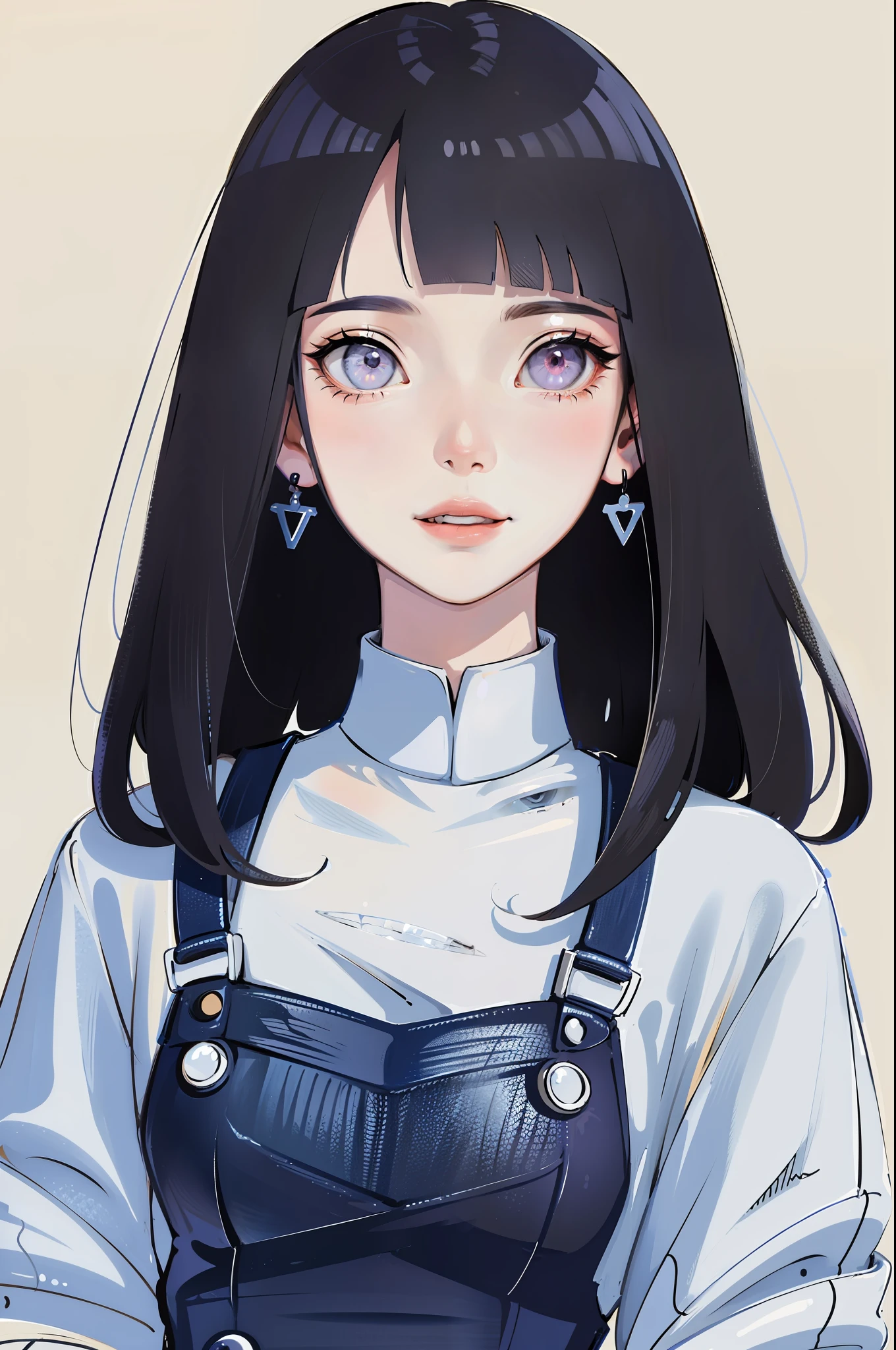 (Portraits:1.4), (masterpiece:1.2, best quality:1.2), from front, all body, full body
1girl, Look at viewer, face and body focus, extremely detailed character, extremely detailed clothes, good-looking, make up, standing, (((overall jeans))), white shirt inner, earrings, (((blunt bangs))), ((long hair)), hinata/(boruto/), big purple eyes, smile, detailed lips
