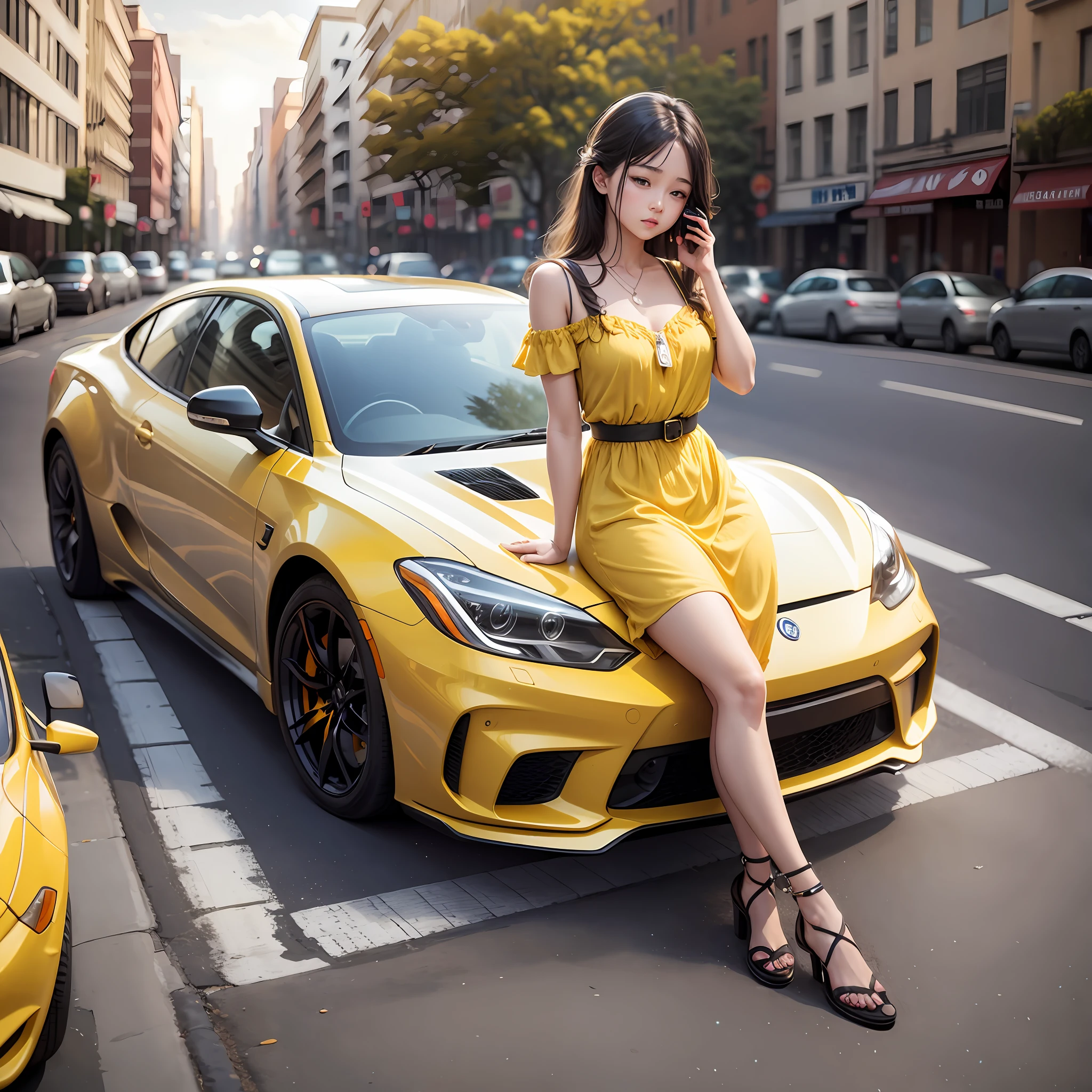 A girl, leaning against a car, wearing a long yellow dress, was on the phone --auto --s2