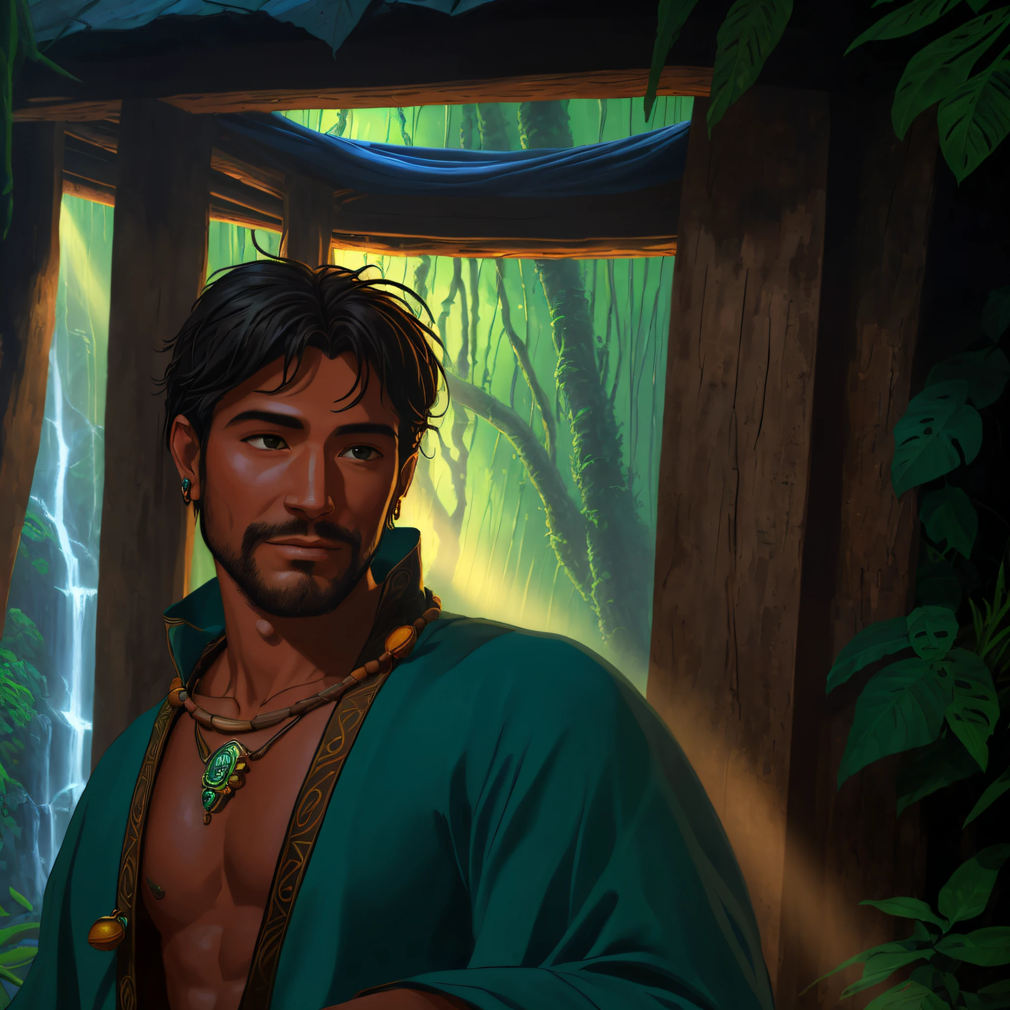 ((best quality)), ((masterpiece)), ((ultra realistic)), beautiful intricately detailed soft oil painting of a male shaman performing a ritual in a rain-forest hut, 1man sitting in meditation, ((colorful magical energy flowing through the air)), rickety wooden building, wearing intricately detailed primitive tribal garb, bone jewelry, by a vast water fall in the dense jungle, ((wildlife everywhere)), god rays, diffuse lighting, (comic style),