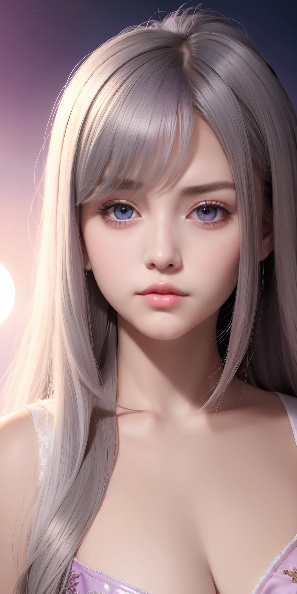 Reality, 1 girl, gray hair, purple eyes, glowing eyes, parted lips, blush, night, flowers, sun, sunlight, semi-bare upper body, medium breasts, close up