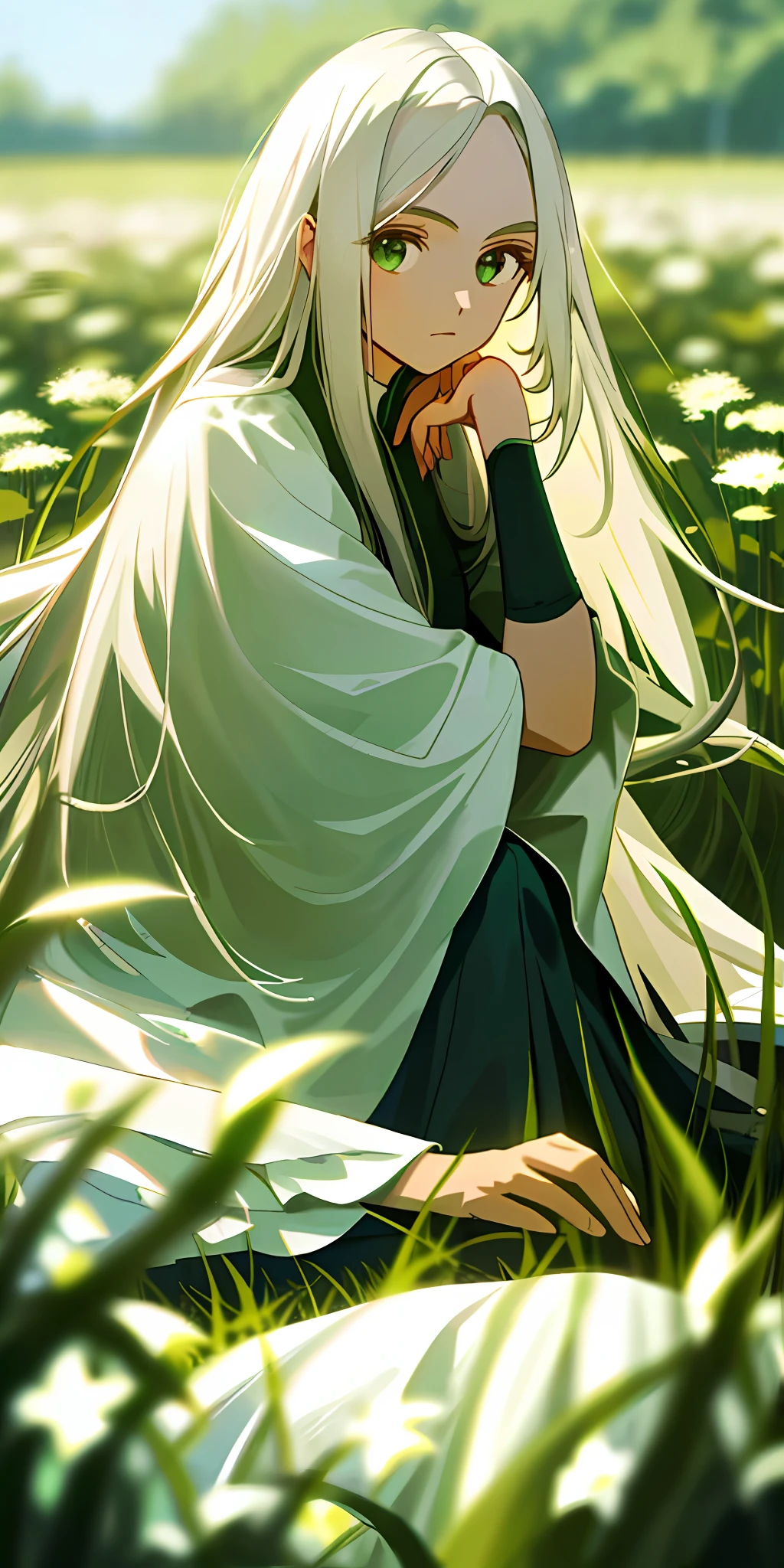 (masterpiece, best quality),1girl with long white hair sitting in a field of green plants and flowers, her hand under her chin, warm lighting, white dress, blurry foreground