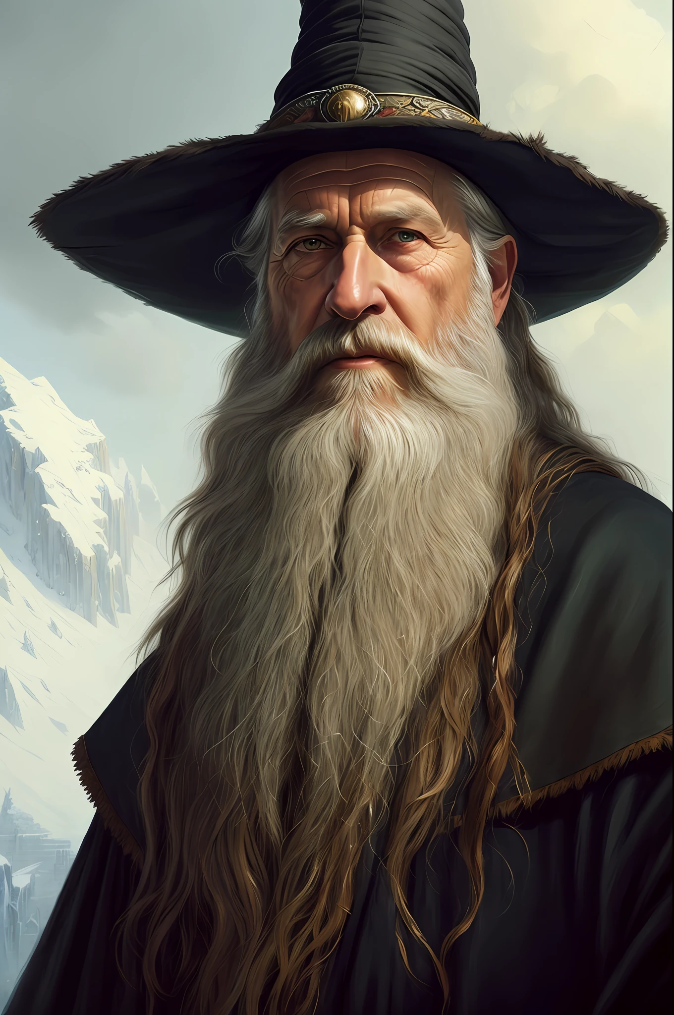 masterpiece, best quality, 8k, artstation, sharp focus, high details, raw photo portrait of very old elder wizard, long beard, long hair, wizard robe, wizard hat, (in epic fantasy environment:1.2), (oil painting:1.2), by greg rutkowski