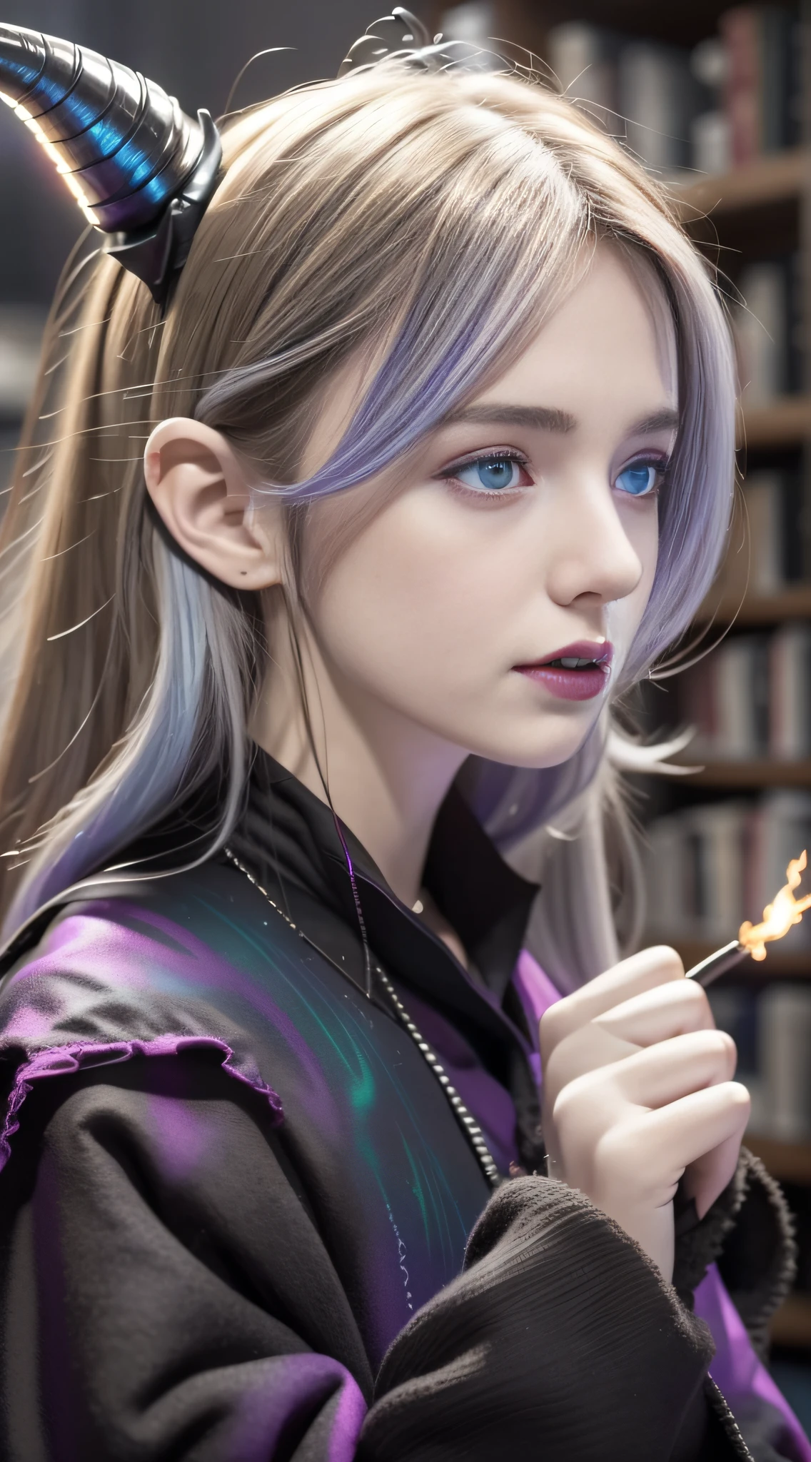 (best quality, realistic, detailed), 8k CG, perfect artwork, 1girl, adult shedrn, horns, white hair, blue skin, glowing yellow eyes, (style-swirlmagic:1.0), portrait, looking at viewer, solo, half shot, detailed background, detailed face, (gothic dark fantasy theme:1.1) evil wizard, tattered Medium Brown magical robes, determined expression, purple color scheme, dark scarlet light, library, bookshelves, glowing magical runes, dark atmosphere, shadows, realistic lighting, floating particles, embers, surrounded by fire, (thick melting candles:0.8), green arcane symbols, corrupted by eldritch power, power-hungry eyes, masterpiece bloom