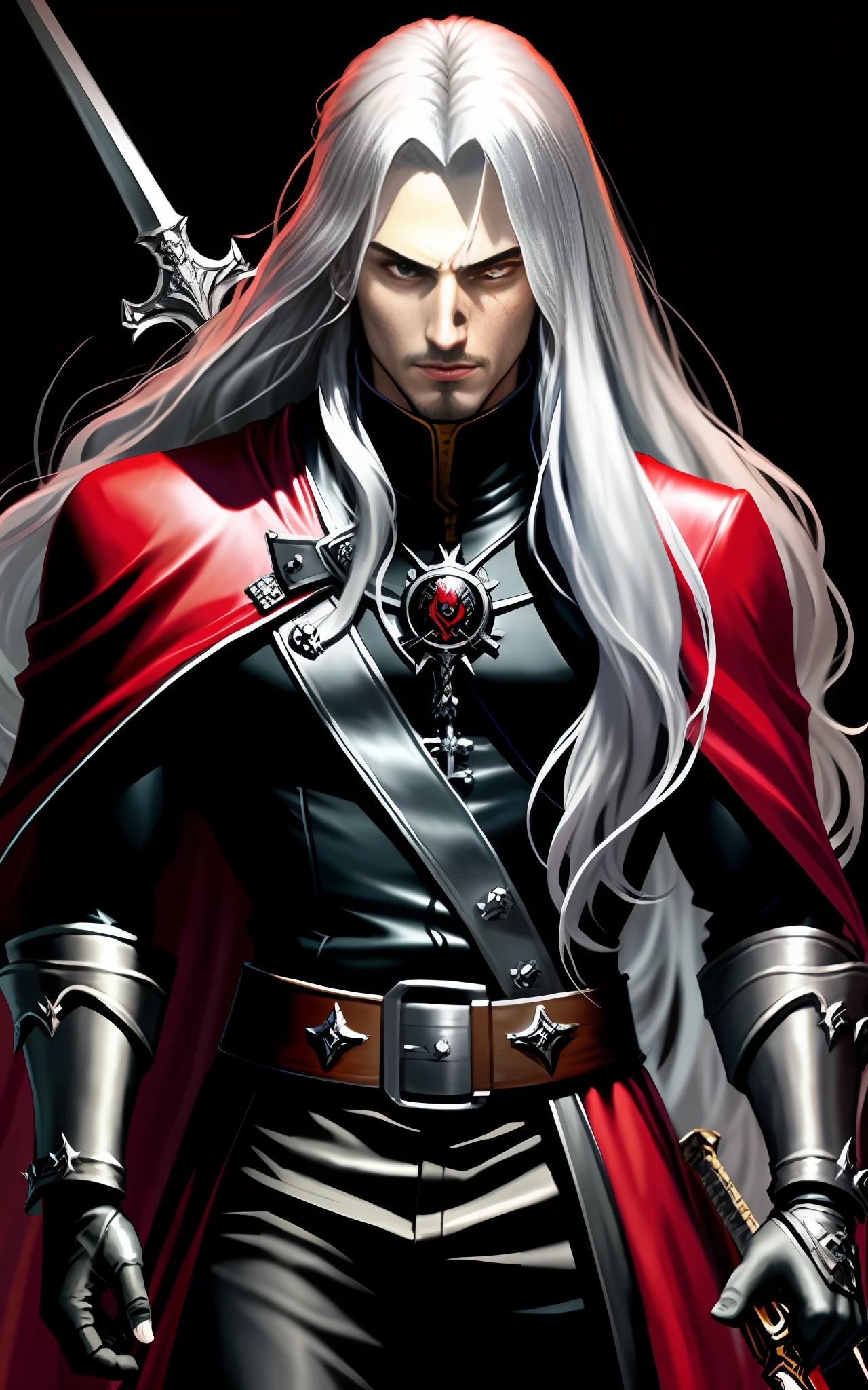alucard, castlevania, simphony of the night, bust, face image, silver hair, sword in hand, piercing look, looking forward, lots of details, 8k, black gold and red clothes