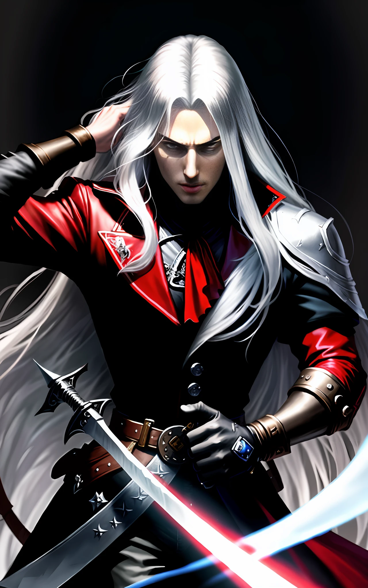 alucard, castlevania, simphony of the night, bust, face image, silver hair, sword in hand, piercing look, looking forward, lots of details, 8k