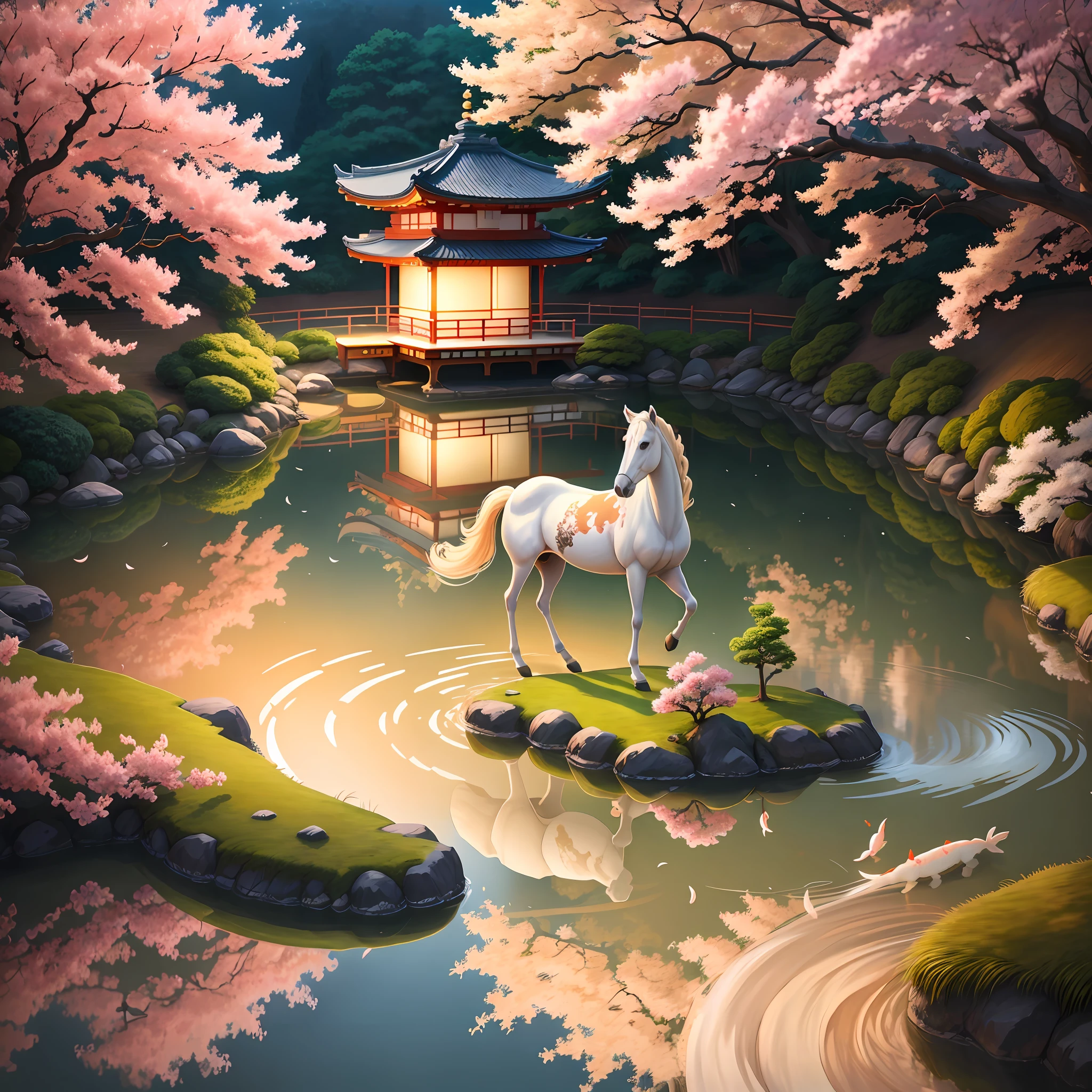 (digital painting),(best quality),white horse standing in a serene Japanese garden, cherry blossoms in full bloom, koi pond, footbridge, pagoda, Ukiyo-e art style, Hokusai inspiration, Deviant Art popular, 8k ultra-realistic, pastel color scheme, soft lighting, golden hour, tranquil atmosphere, landscape orientation