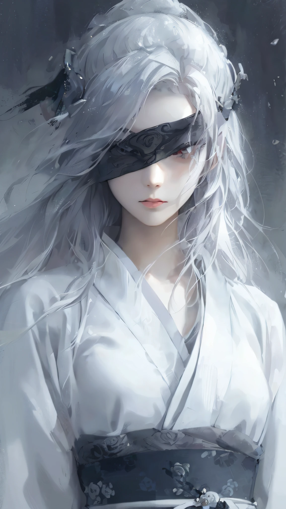 a close up of a woman with a mask on her face, white haired deity, the piercing stare of yuki onna, stunning anime face portrait, girl with white eyes, artwork in the style of guweiz, girl with white hair, white haired, anime style 4 k, anime fantasy illustration, beautiful character painting, flowing white hair, beautiful anime portrait, by Yang J