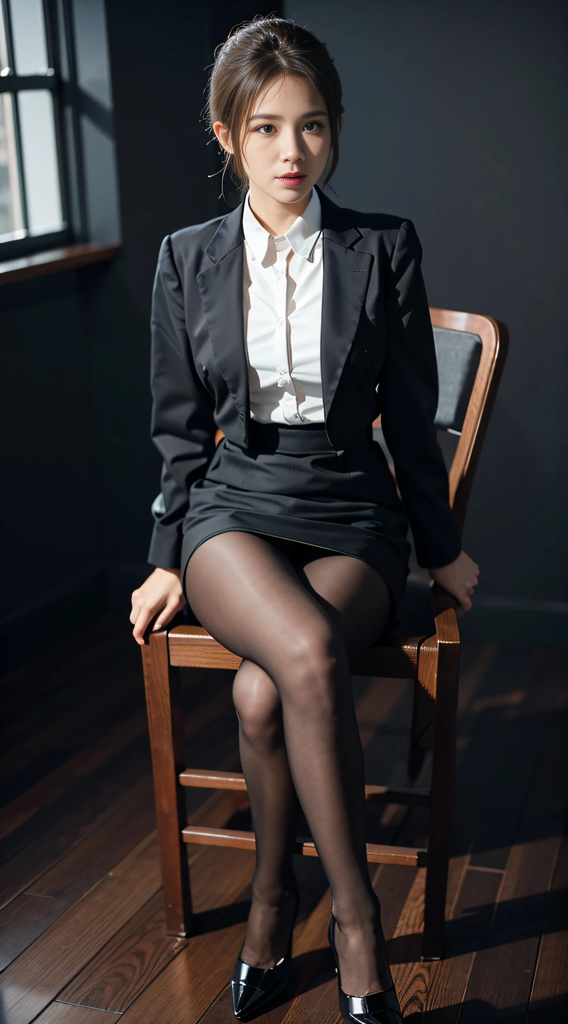 Best quality,masterpiece,ultra high res, a pair of ggx heels,1girl,a Chinese girl,light smile, black business suit, pencil skirt, black pantyhose, black footwear,Sit in a chair, cross her legs and put her hands behind back, masterpiece, best quality, best perspective, ultra-detailed and intricate, extremely delicate and beautiful, best quality light, (ray tracing:1.1), anti-aliasing, realistic,photorealistic,clear line,sharp focus,official art,unity 8k wallpaper,huge filesize,ultra-detailed,highres,,RAW photo, professional lighting,dynamic lighting,light on the face,depth of field,solofocus, detailed eyes,beautiful eyes,real face,real skin,realistic face,realistic skin,detailed facial features,detailed clothes features,