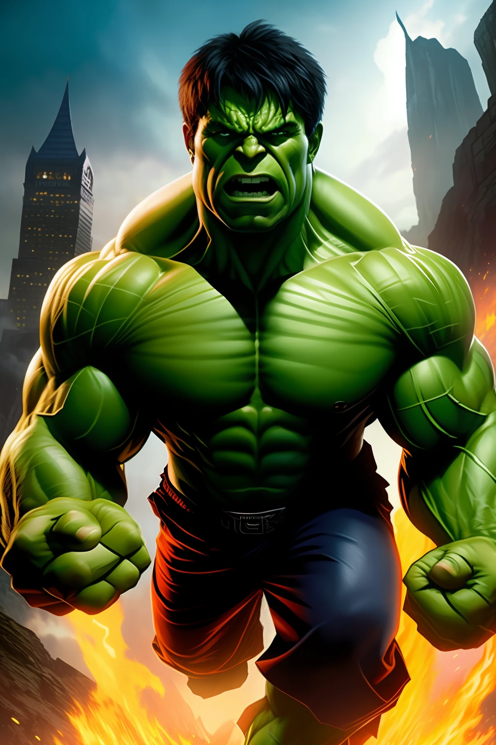 Daniel Redcliff with clenched fists, looking brave imitating the incredible Hulk, conveying courage and daring