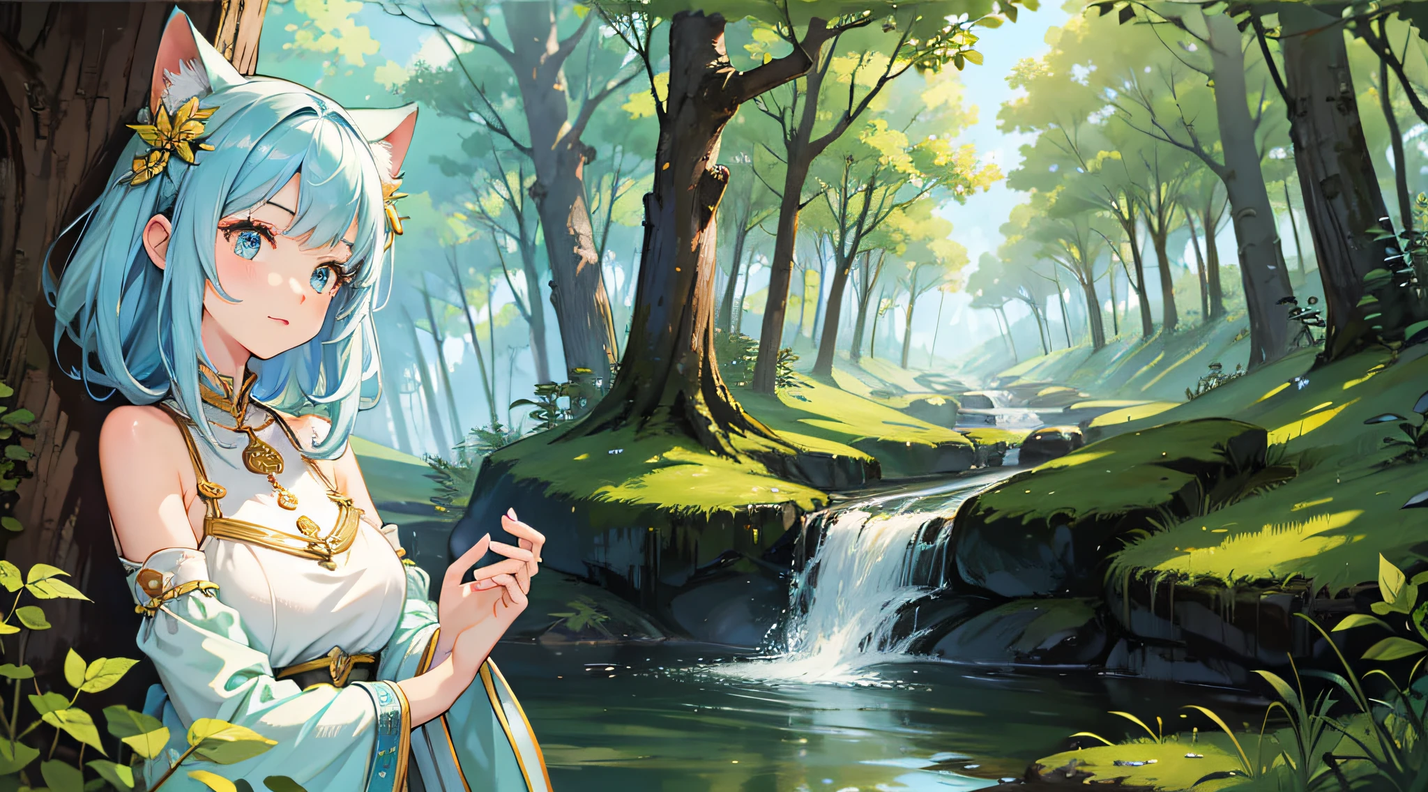 girl, cartoon, 8k, nature, meditation, animals, forest, back with pose in hands, hyper detailed --auto --s2