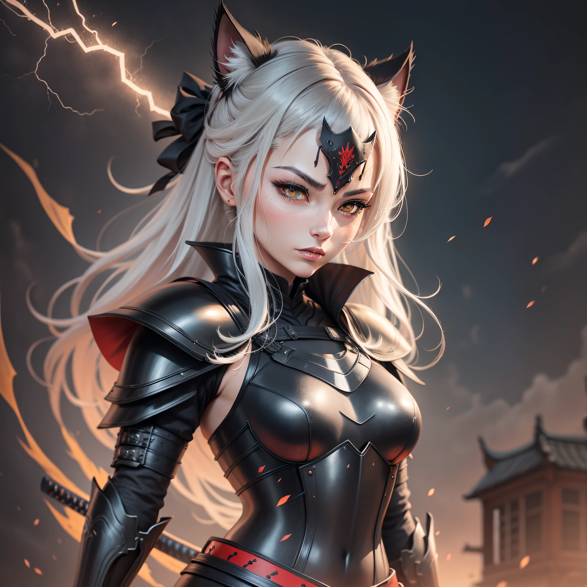 Black Cat.[(Black Armor: 1.2+Red Armor: 1.3),(Samurai: 1.2+Katana:1.1),black_cat_eyes,moon_li, Dramatic Thunder and Lightning,dark_background)]"