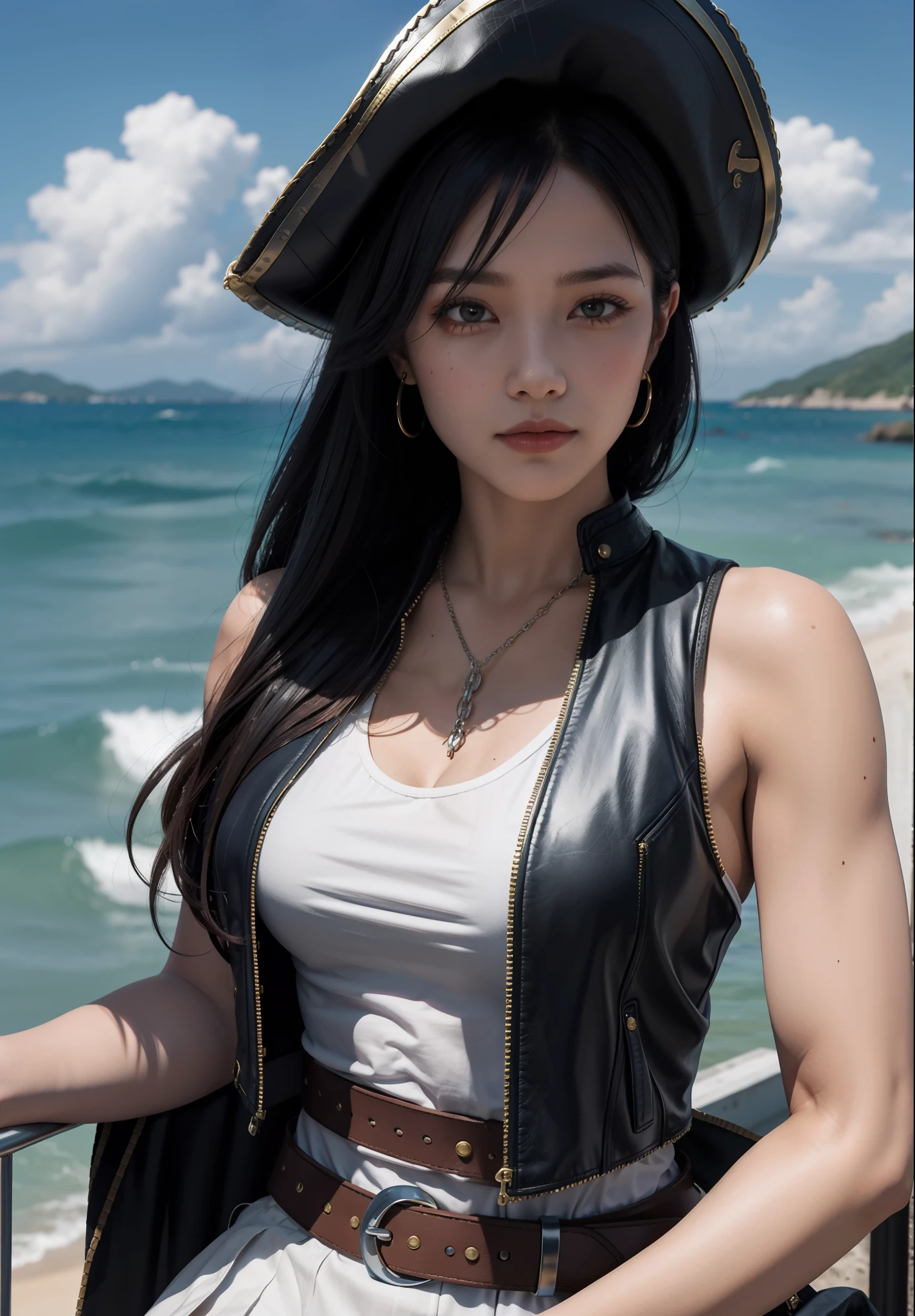Best Quality, Masterpiece, Ultra High Resolution, (Realisticity: 1.4), Original Photo, 16 Years Old Girl, Tifa, Film Lighting, Seaside, Deck, Pirate Hat, Pirate Costume, Corsplay, Pirates of the Caribbean, Cape, Dark Clothing, Sunny, Blue Sky and White Clouds, Conservative Clothing, Leather Vest, Chain Mail, Belt, Sabre, Bodybuilding, Pick and Dye Gradient Hair, Bangs, Long Hair, Facial Focus,
