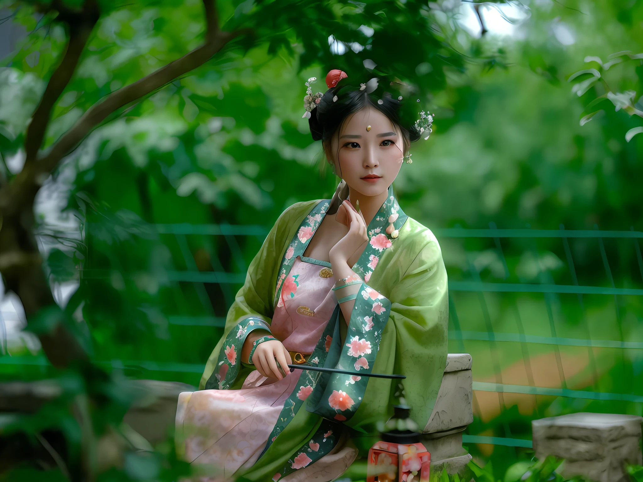 There is a woman in Hanfu sitting on a bench, palace, a girl in Hanfu, Hanfu, wearing ancient Chinese costume, ancient Chinese princess, Chinese traditional costume, Chinese costume, Chinese princess, ancient garden behind her, traditional beauty, Chinese woman, Chinese girl, gorgeous lady, wearing green robe, Chinese style