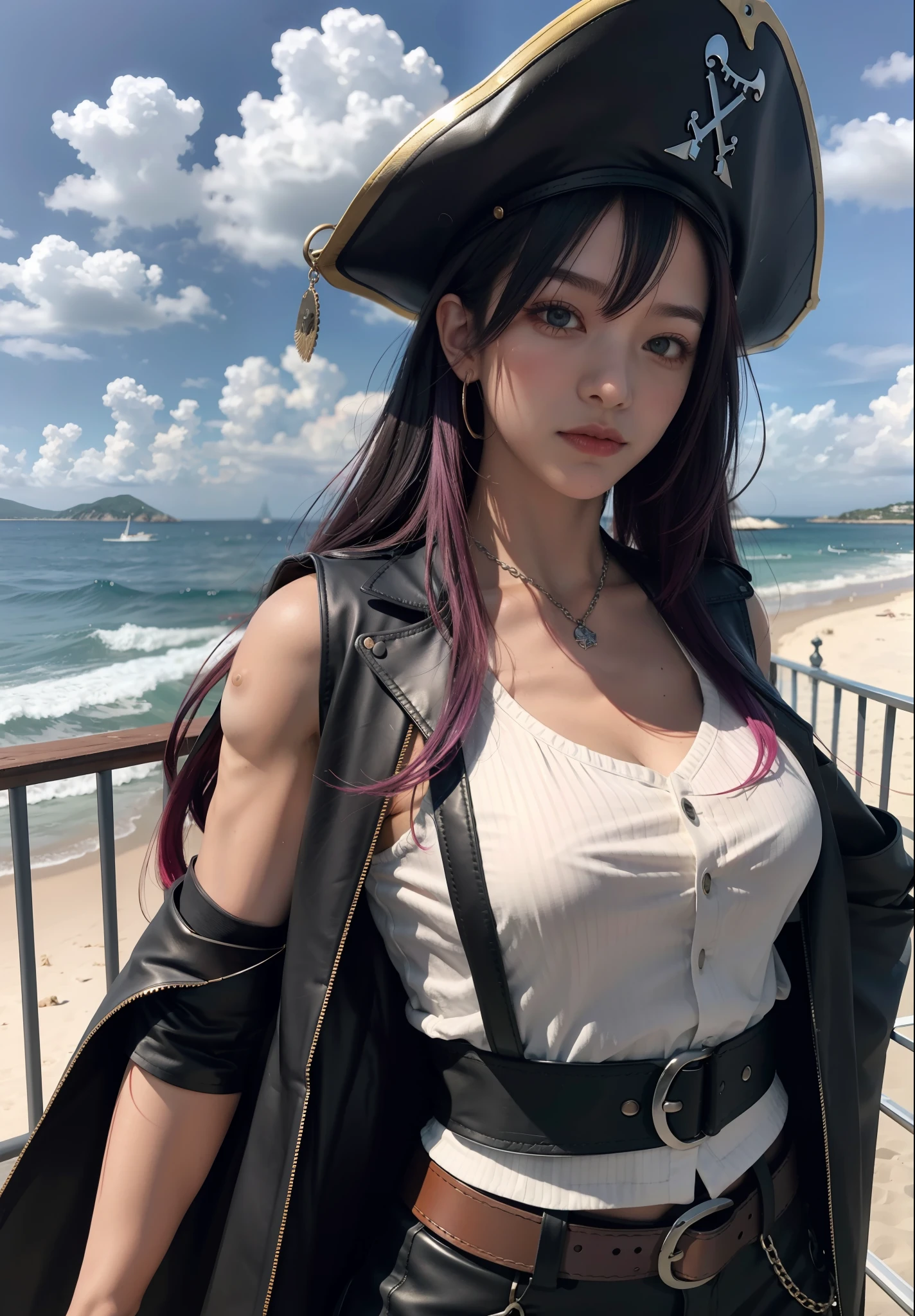 Best Quality, Masterpiece, Ultra High Resolution, (Realisticity: 1.4), Original Photo, 16 Years Old Girl, Tifa, Film Lighting, Seaside, Deck, Pirate Hat, Pirate Costume, Corsplay, Pirates of the Caribbean, Cape, Dark Clothing, Sunny, Blue Sky and White Clouds, Conservative Clothing, Leather Vest, Chain Mail, Belt, Sabre, Bodybuilding, Pick and Dye Gradient Hair, Bangs, Long Hair, Facial Focus,