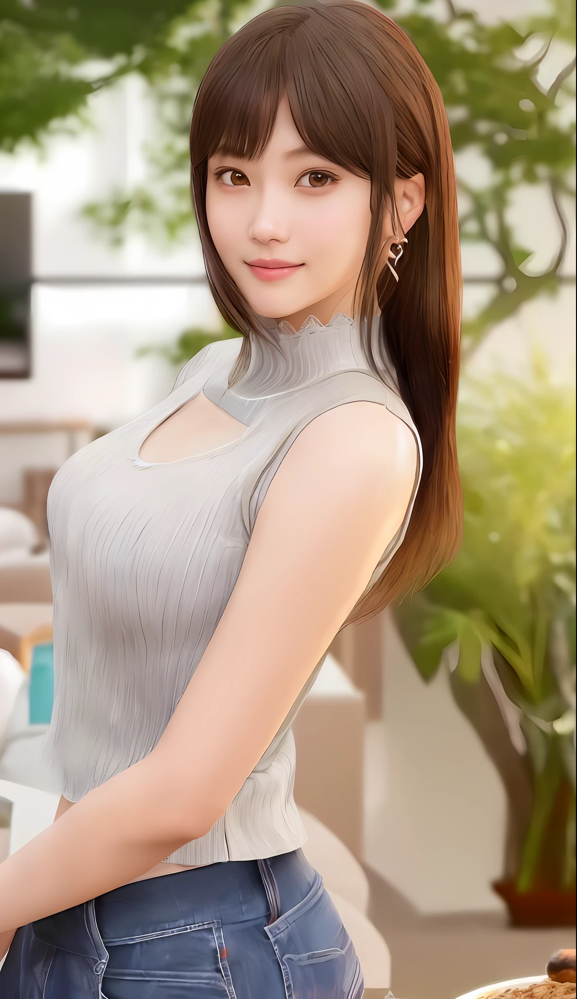 masterpiece,masterpiece, top quality,  best quality,  realistic, unity,  8k wallpaper,  official art, extremely detailed CG unity 8k wallpaper, ulzzang-6500, (original: 1.2), (realistic: 1.4),  ultra detail, high resolution, ultra detailed,amazing,  fine detail,  cinematic lighting, 
(1girl:1.4 ), (brown|black hair:1.4), medium hair,  (realistic skin:1.2), (light brown skin:1.2),(small breasts),  beautiful girl with beautiful details,  extremely detailed eyes and face,  eyes with beautiful details, huge file size,  ultra detailed and beautiful, blushing,  ashamed,(smile:1.2), black eyes,  model shoot tyle,  full body shoot, (random color lace underwear), earings, chain necklace, loft apartment, living room, (almost empty room),