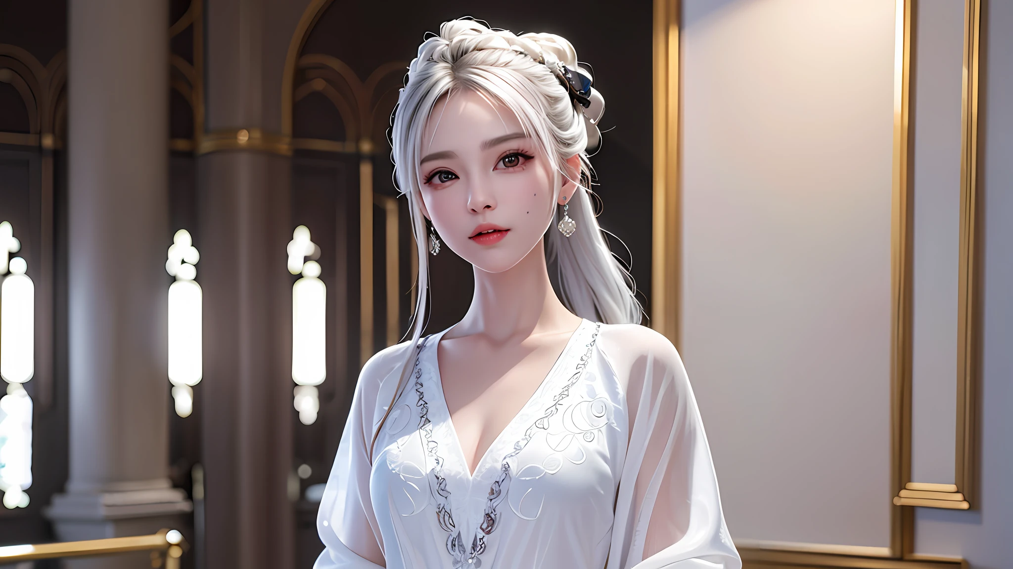 (best quality, masterpiece:1.2), ultra high res, realistic, front lighting, intricate detail, Exquisite details and textures, 1girl, solo ,(young), face highlight, upper body, detailed face, tear mole, white skin, silver hair, ponytail, braid hair, looking at viewer, big eyes, silk robe, (hollow pattern, white, silk), earrings, small breasts, slim body, luxury room, professional lighting, photon mapping, radiosity, physically-based rendering,