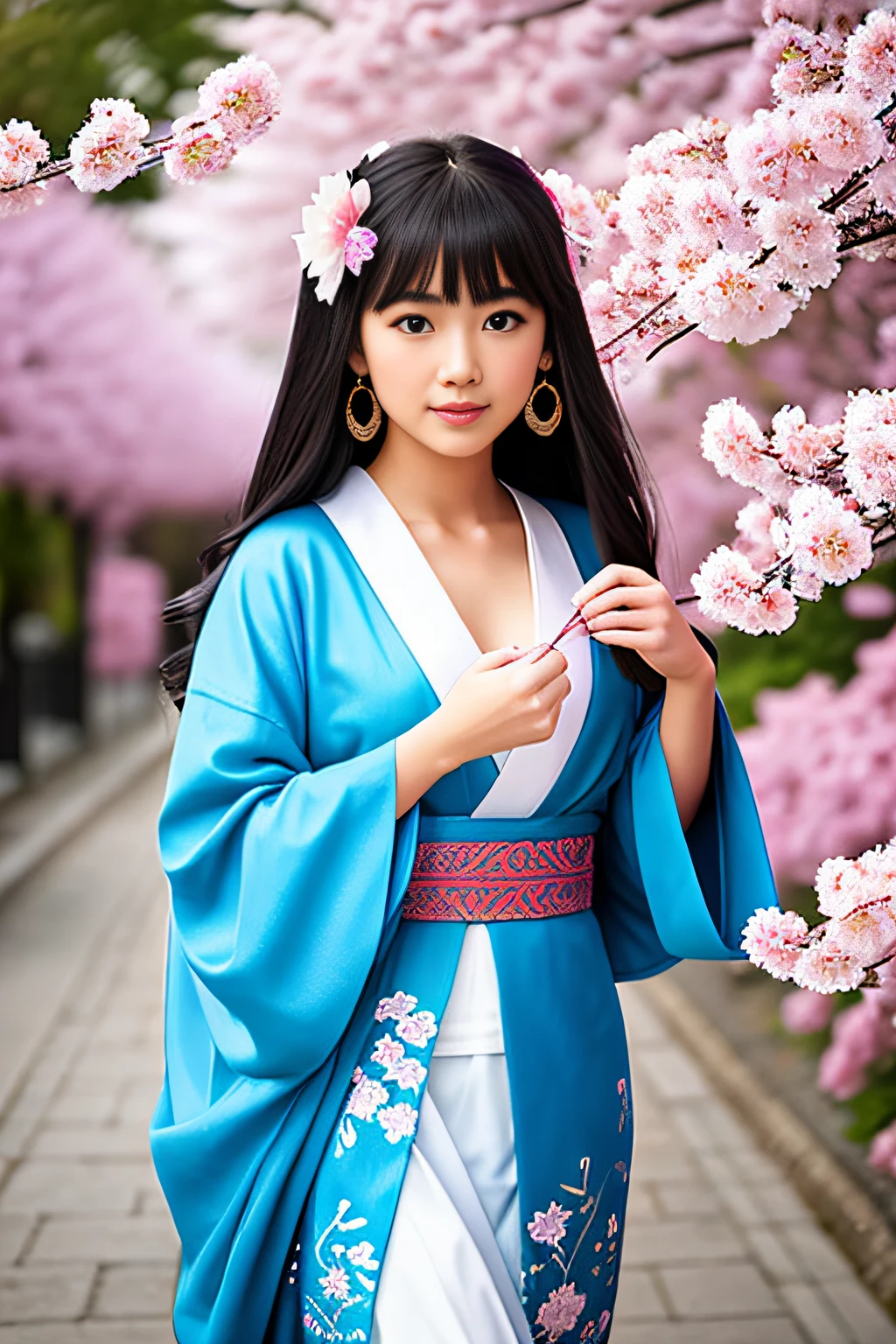 full body,full shot,sfw,Russian goddess princess girl in the form of a geisha with large bright blue eyes and long fluffy eyelashes of the Nordic type with a perfect graceful figure and very long and fluffy wavy hair of bright wheaten color stands in full growth on the alley against the backdrop of blooming Japanese pink sakura in a Japanese kimono in bright dark blue and Japanese gane shoes in bright dark blue, the girl's arms and legs have better human anatomy, on her hands there are five fingers on the hand 4 of them are long 1 large, Girl's lace kimono with intricate patterns with revealing cutouts ultra-short frankly sexy, Small breasts with protrusion are visible through the fabric, in the girl's ears are beautiful long openwork earrings with precious sapphires that shimmer and sparkle in the light, The ground on which the girl stands is generously strewn with pink cherry petals, the scene is highly artistic, high resolution, hard focus, Migjorni-V5 art style, hyper photorealism, perfect proportions, golden ratio photography, lens flares, outlines, sunlight, soft glow, soft focus, monocle style soft focus