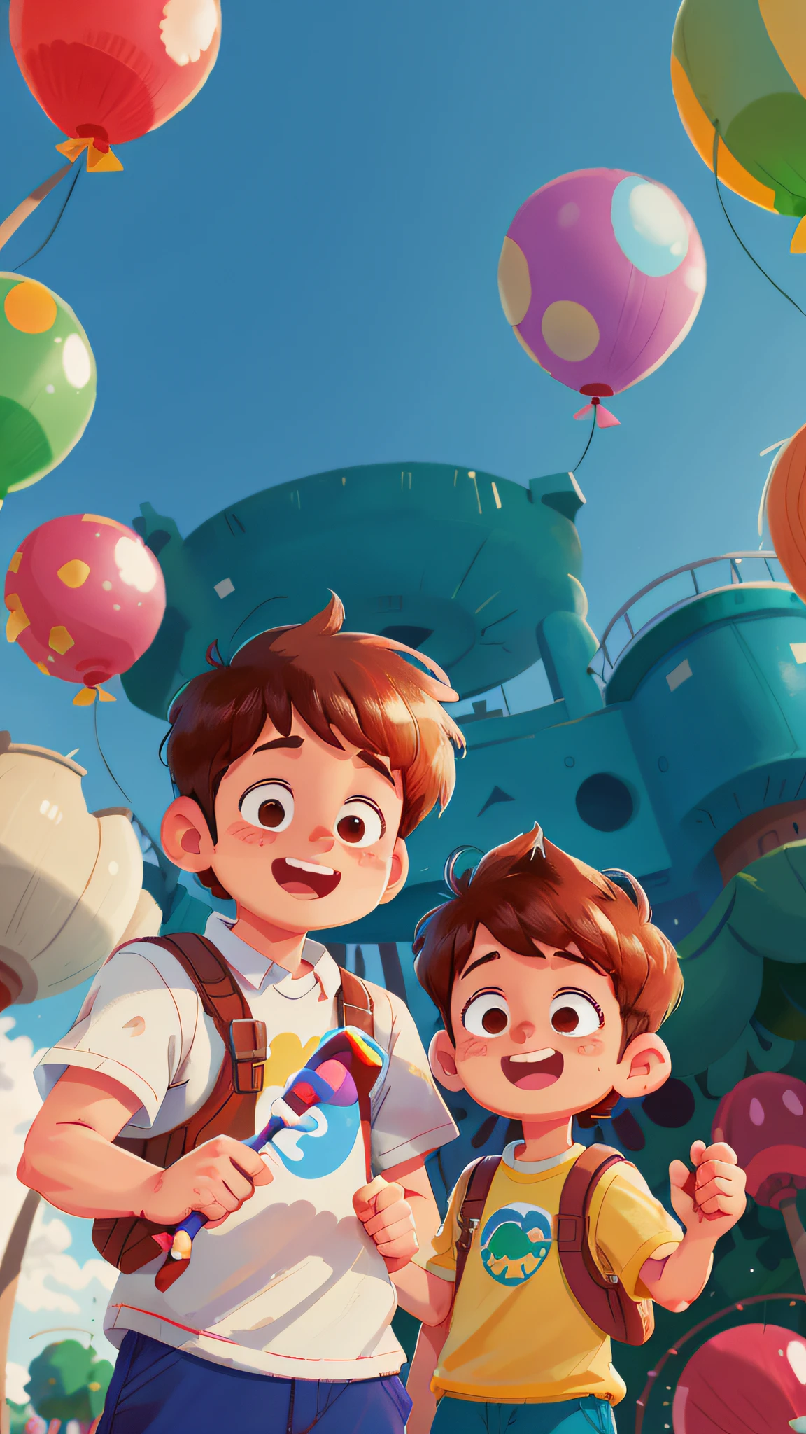 Two boys, amusement park, holding balloons, happy, happy, perfect quality, clear focus (clutter - home: 0.8), (masterpiece: 1.2) (Realistic: 1.2) (Bokeh) (Best quality) (Detailed skin: 1.3) (Intricate details) (8K) (Detail Eyes) (Sharp Focus), (Happy)