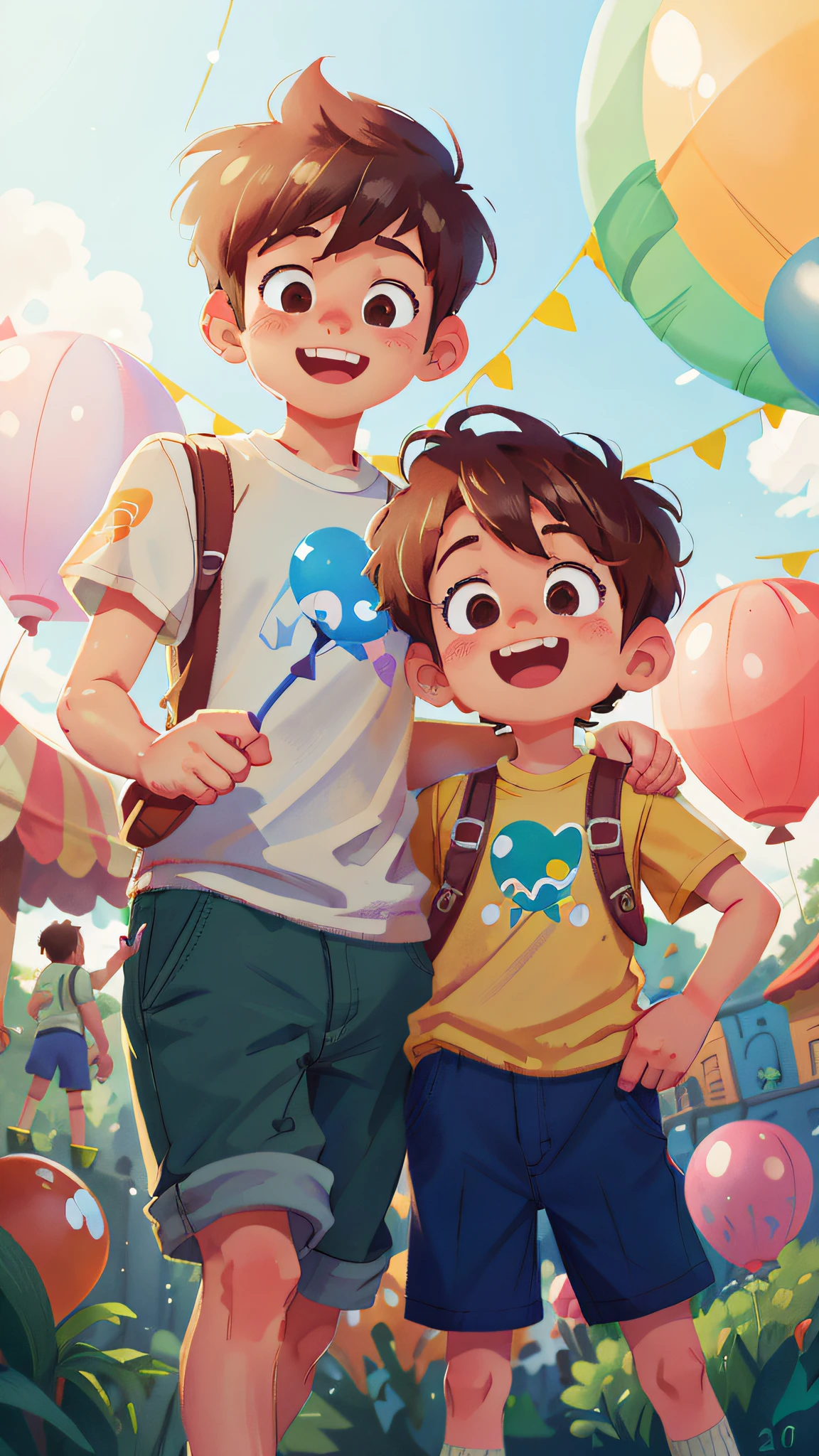 Two boys, amusement park, holding balloons, happy, happy, perfect quality, clear focus (clutter - home: 0.8), (masterpiece: 1.2) (Realistic: 1.2) (Bokeh) (Best quality) (Detailed skin: 1.3) (Intricate details) (8K) (Detail Eyes) (Sharp Focus), (Happy)