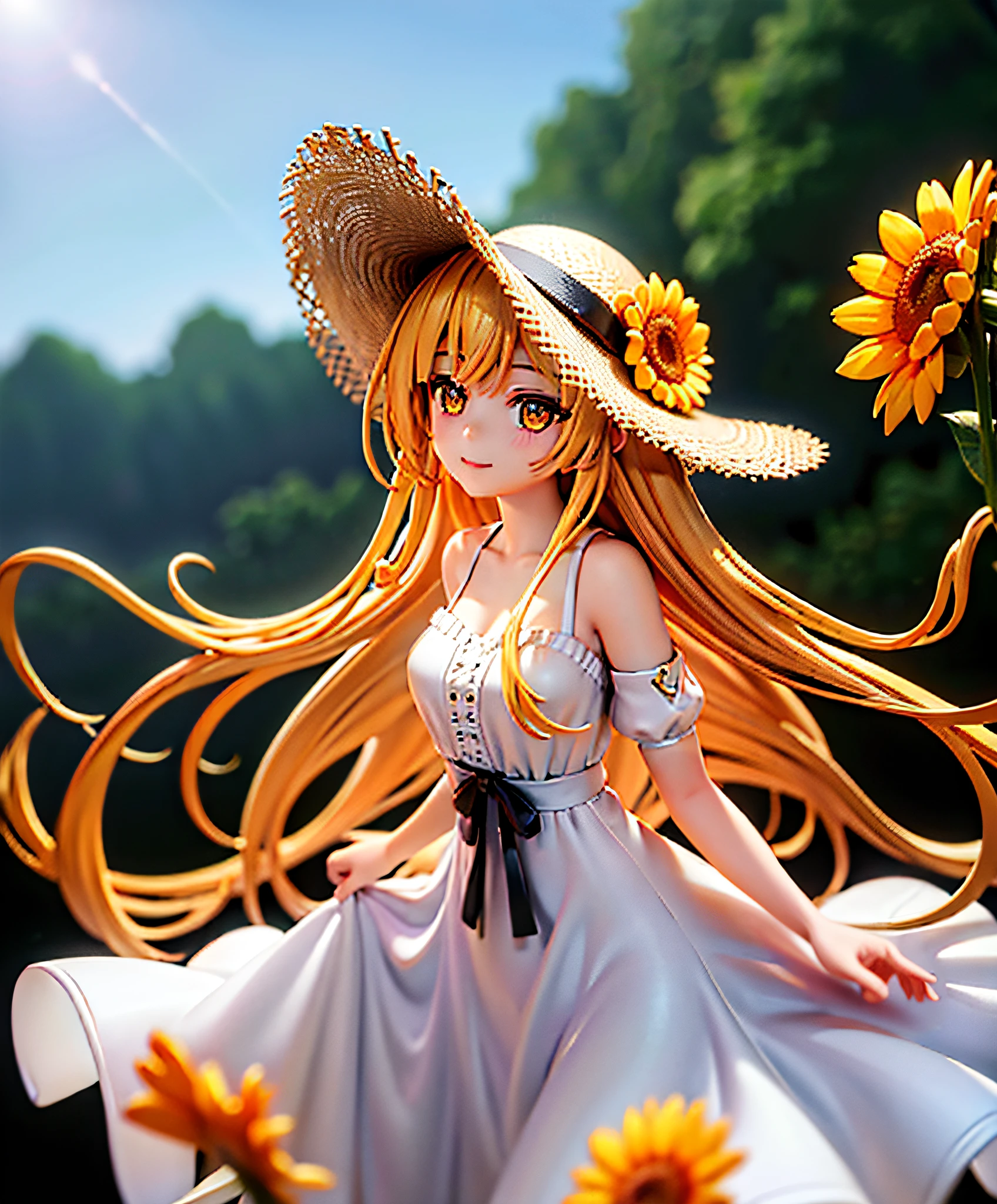 anime girl with long blonde hair and sunflower in the field, beautiful sunflower anime girl, blonde anime girl with long hair, anime highly detailed, beautiful anime girl, anime with straw hat, highly detailed anime, anime girl with long hair, anime goddess, anime Barbie in white, good smile company anime style, (anime girl), beautiful anime girl, beautiful anime style, realistic anime, normal fingers
