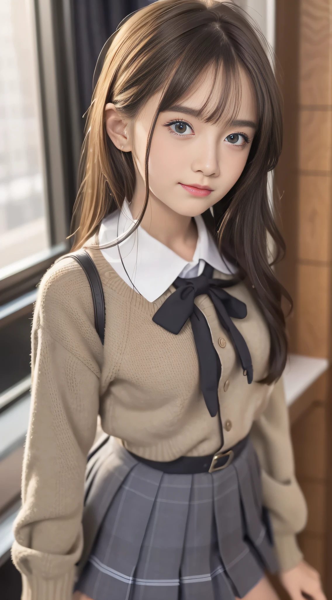 1girl, solo, (school uniform:1.4), green eyes, dress, looking_at_viewer, neck_ribbon, cute, clear facial skin, (best quality), (masterpiece:1.1)