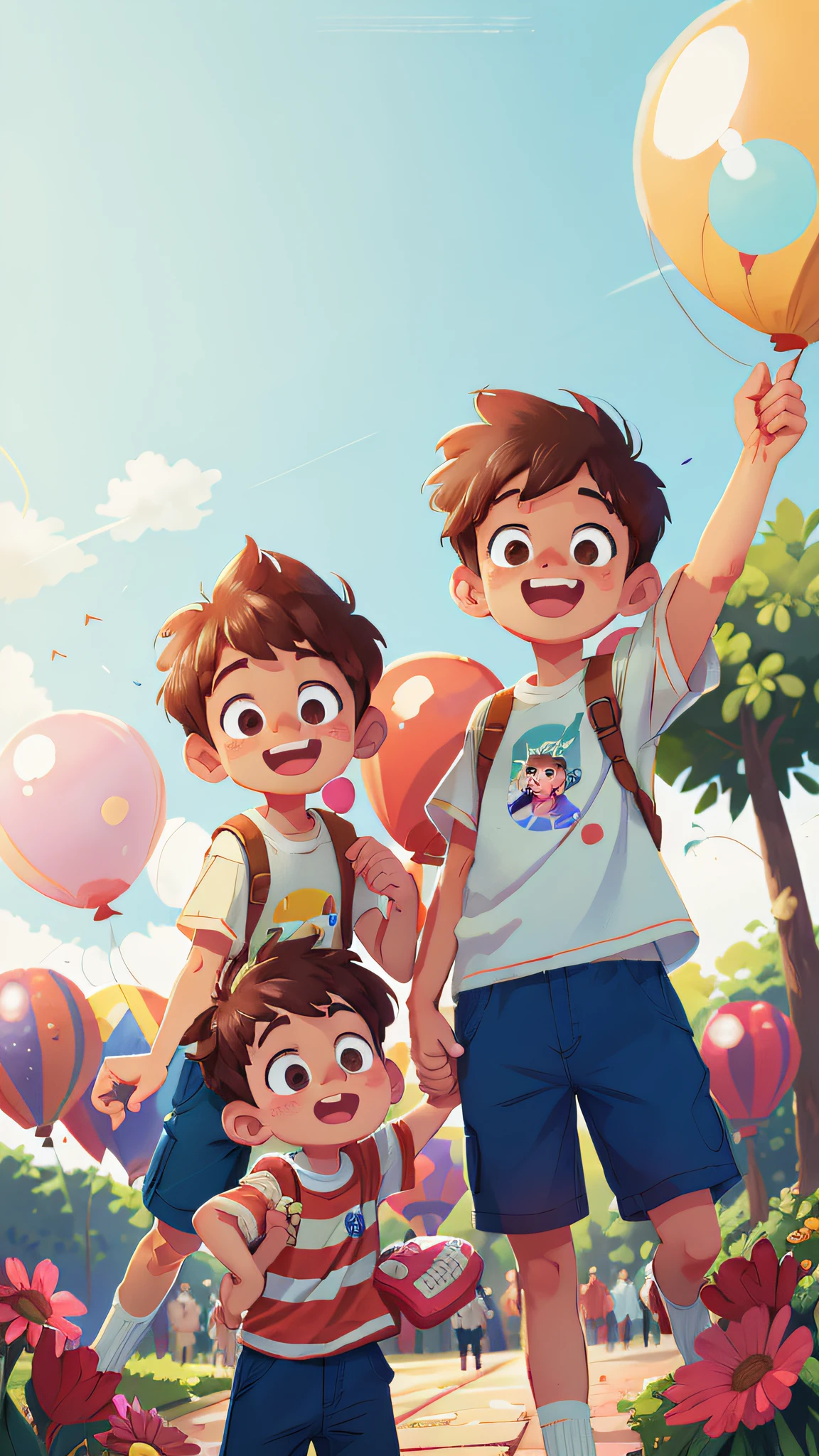 Two boys, amusement park, holding balloons, happy, happy, perfect quality, clear focus (clutter - home: 0.8), (masterpiece: 1.2) (Realistic: 1.2) (Bokeh) (Best quality) (Detailed skin: 1.3) (Intricate details) (8K) (Detail Eyes) (Sharp Focus), (Happy)