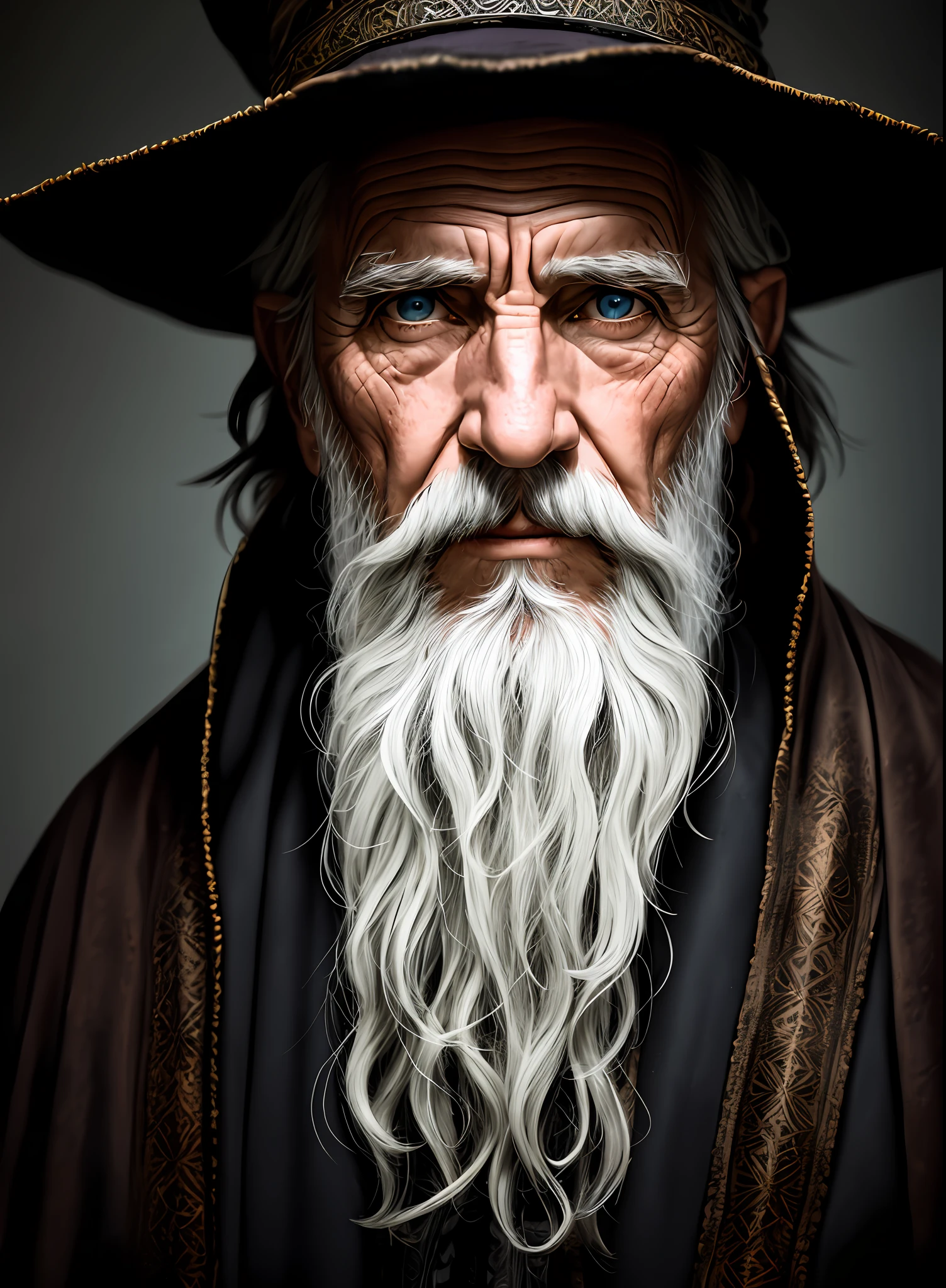 A portrait of a wizard, bearded, wrinkled, weathered, with piercing eyes, detailed face, high details, photography, dark studio, rim light, Nikon D850, 50mm, f/1.4