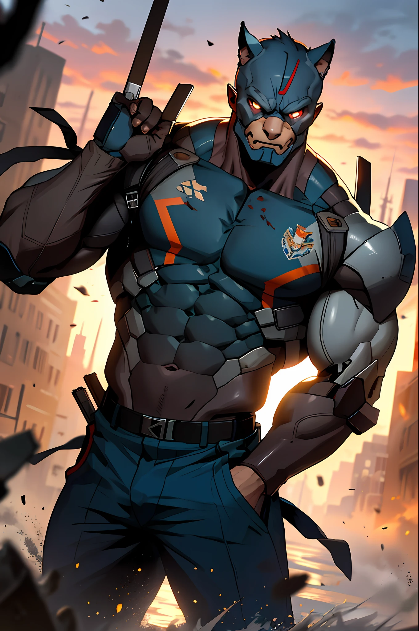 Pit Bull head, (without mask: 1.5), masterpiece, best quality, twilight, muscular male, depth of field, messy, battlefield, mecha danshi,