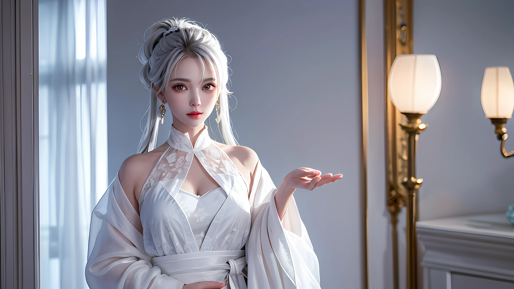 (best quality, masterpiece:1.2), ultra high res, realistic, front lighting, intricate detail, Exquisite details and textures, 1girl, solo ,(young), face highlight, upper body, detailed face, tear mole, white skin, silver hair, ponytail, braid hair, looking at viewer, big eyes, silk robe, (hollow pattern, white, silk), earrings, small breasts, slim body, luxury room, professional lighting, photon mapping, radiosity, physically-based rendering,
