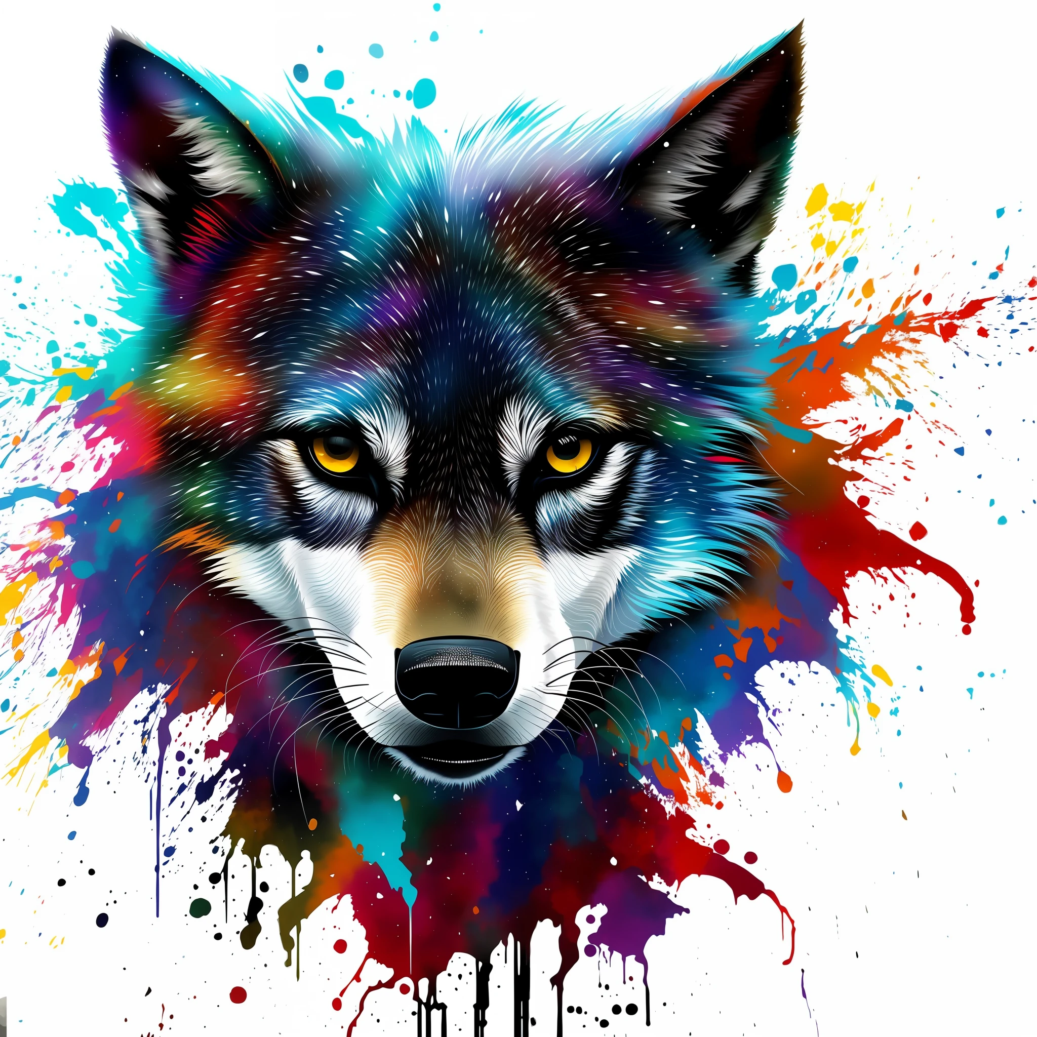 a close up of a wolf with paint splatters on it's face, wolf head, alpha wolf head, wolf, stunning art style, painted in high resolution, stunning art, painted in bright water colors, extremely high quality artwork, wolf portrait, half wolf, art of alessandro pautasso, hyper detailed wolf - like face, inspired by Wolf Huber, great wolf