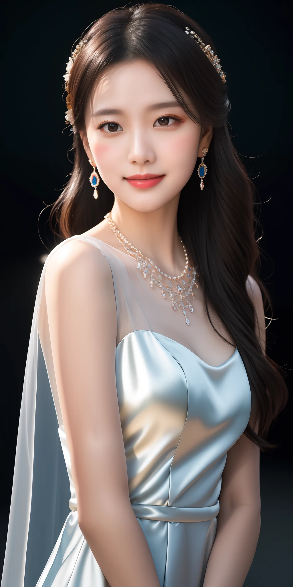 Best Quality, Masterpiece, High Resolution, 1girl, Clear Silk Porcelain Dress, Pretty Face, Hair Accessories, Look at the Audience, Smile, Close Mouth, Lips, Dress, Hair Accessories, Necklaces, Jewelry, Long Hair, Earrings, Beautiful Face, Body, Tindal Effect, Realism, Shadow Studio, Edge Lighting, Two-Color Lighting, (High Detail Skin: 1.2), 8k UHD, DSLR, Soft Light, High Quality, Volume Lighting, Photo, High Resolution 4K, 8k, Blurred Background