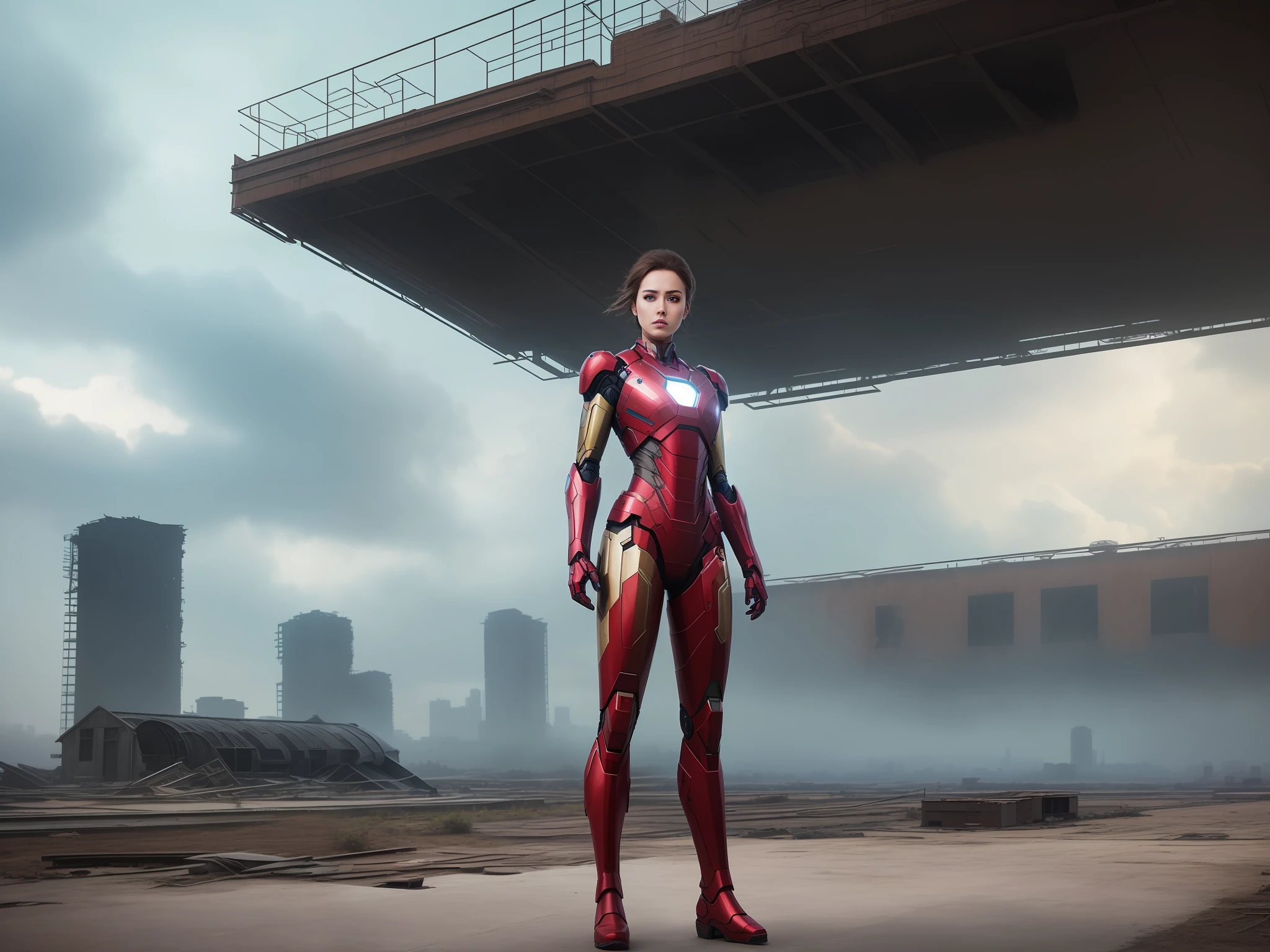 8k, realistic, attractive, highly detailed, a 20 year old girl a sexy and attractive woman inspired by Iron Man wearing a shiny Iron Man mech. She dresses with sexiness and confidence, perfectly interpreting Iron Man&#39;s strength and charisma. The abandoned warehouse serves as a backdrop, creating a unique atmosphere that highlights her bravery and perseverance. The cloudy sky adds a sense of tension and mystery to the whole scene. This high-definition, high-quality picture will bring you a shocking visual experience. The detailed abandoned warehouse and shiny mechs will keep your eyes on you. oc rendering, dramatic lighting, award winning quality