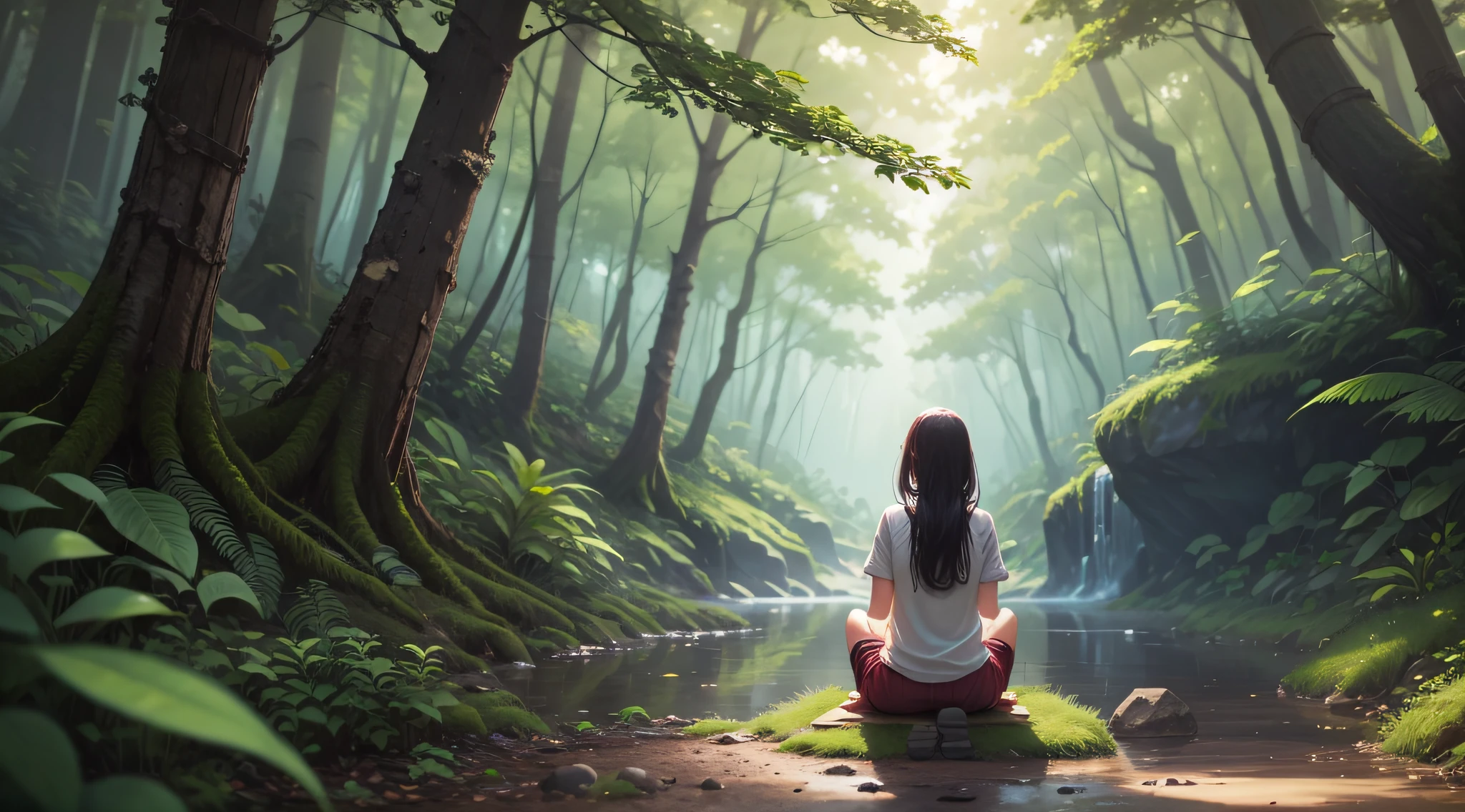 girl, cartoon, 8k, nature, meditation, forest, back with pose in hands, hyper detailed --auto --s2