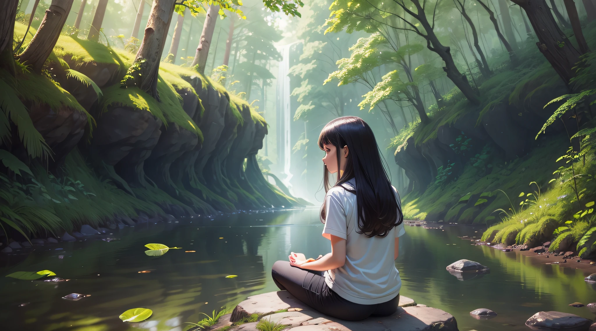 girl, cartoon, 8k, nature, meditation, forest, back with pose in hands, hyper detailed --auto --s2