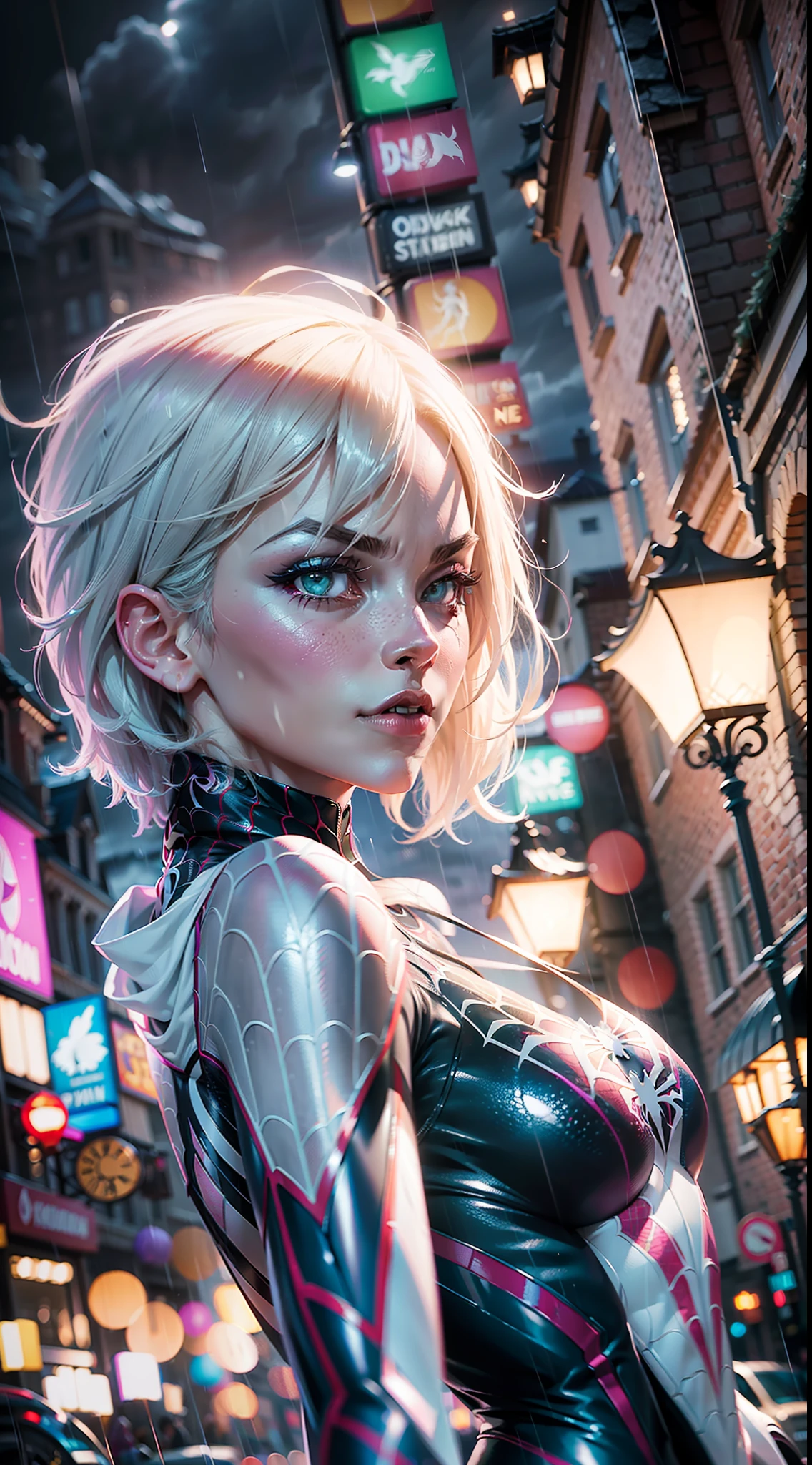 (Spider-Gwen), (town), (night), (raining), (dramatic scene), (dynamic pose), (immersive background), dramatic lighting, ultra highres, (realistic, photo-realistic), 8k, raw photo, hyperrealism, photography, photon mapping, physically-based rendering