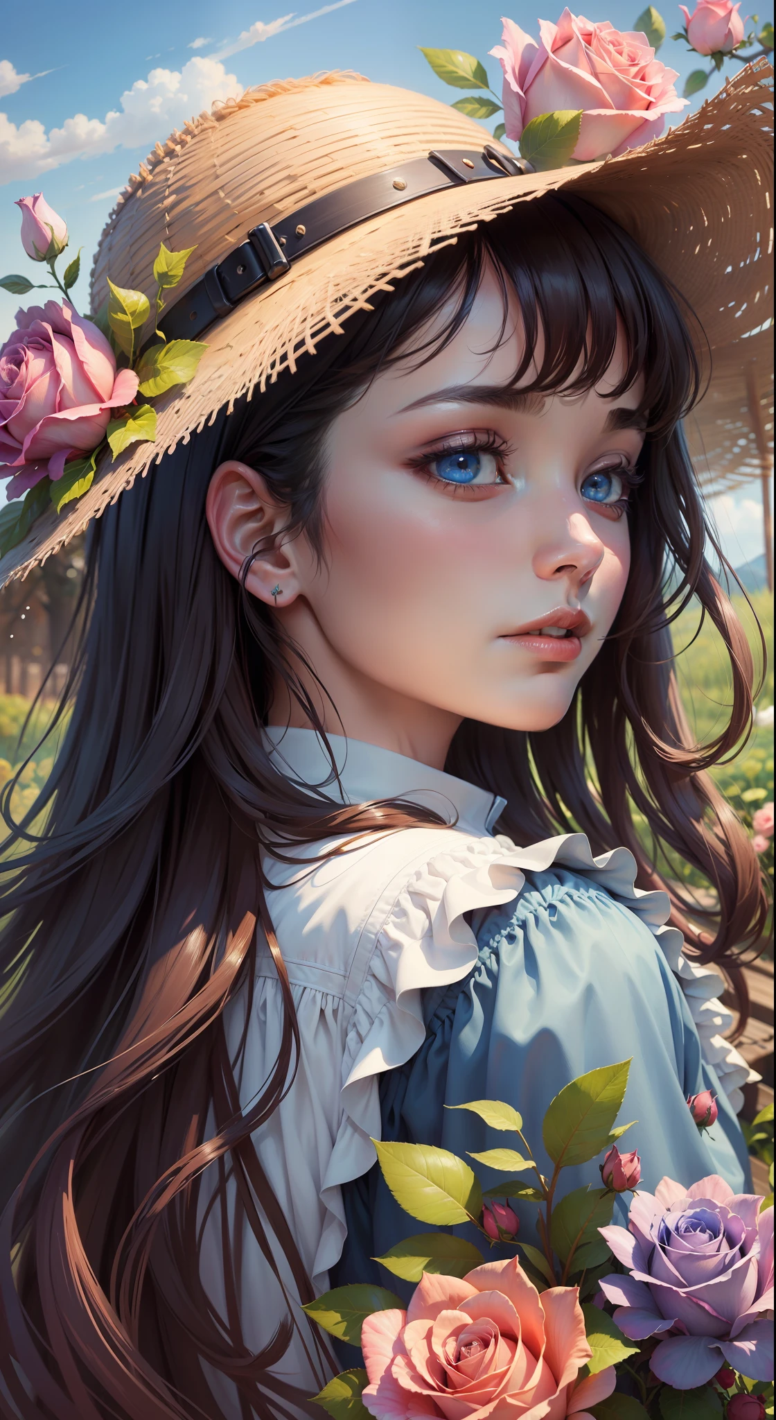 (High resolution: 1.1), Best quality, (Masterpiece: 1.2), bright colors, digital painting, roses, natural beauty, blue sky, close-up