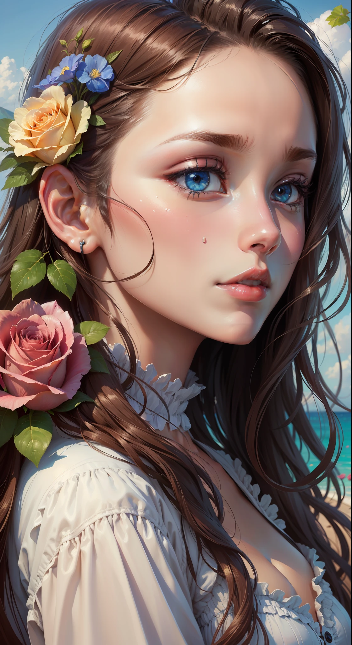 (High resolution: 1.1), Best quality, (Masterpiece: 1.2), bright colors, digital painting, roses, natural beauty, blue sky, close-up