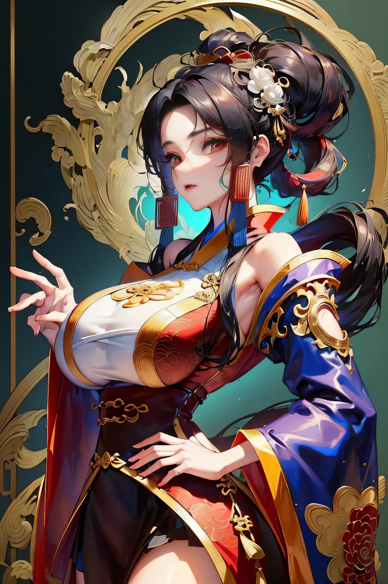 (Masterpiece, best quality, very detailed CG, complex details: 1.2), simple_background, fire, 1 girl, sexy theme, perfect face shape, oversize model, mature woman, tall long legs, ((((super huge breasts))), solo, looking at the audience, Chinese clothing, hanfu, long hair, detached_sleeves, wide_sleeves, ponytail, hair accessories, skirts, swords, standing, (From the side: 1.4), Hanfu Tang, Dragon, 16k post-production,