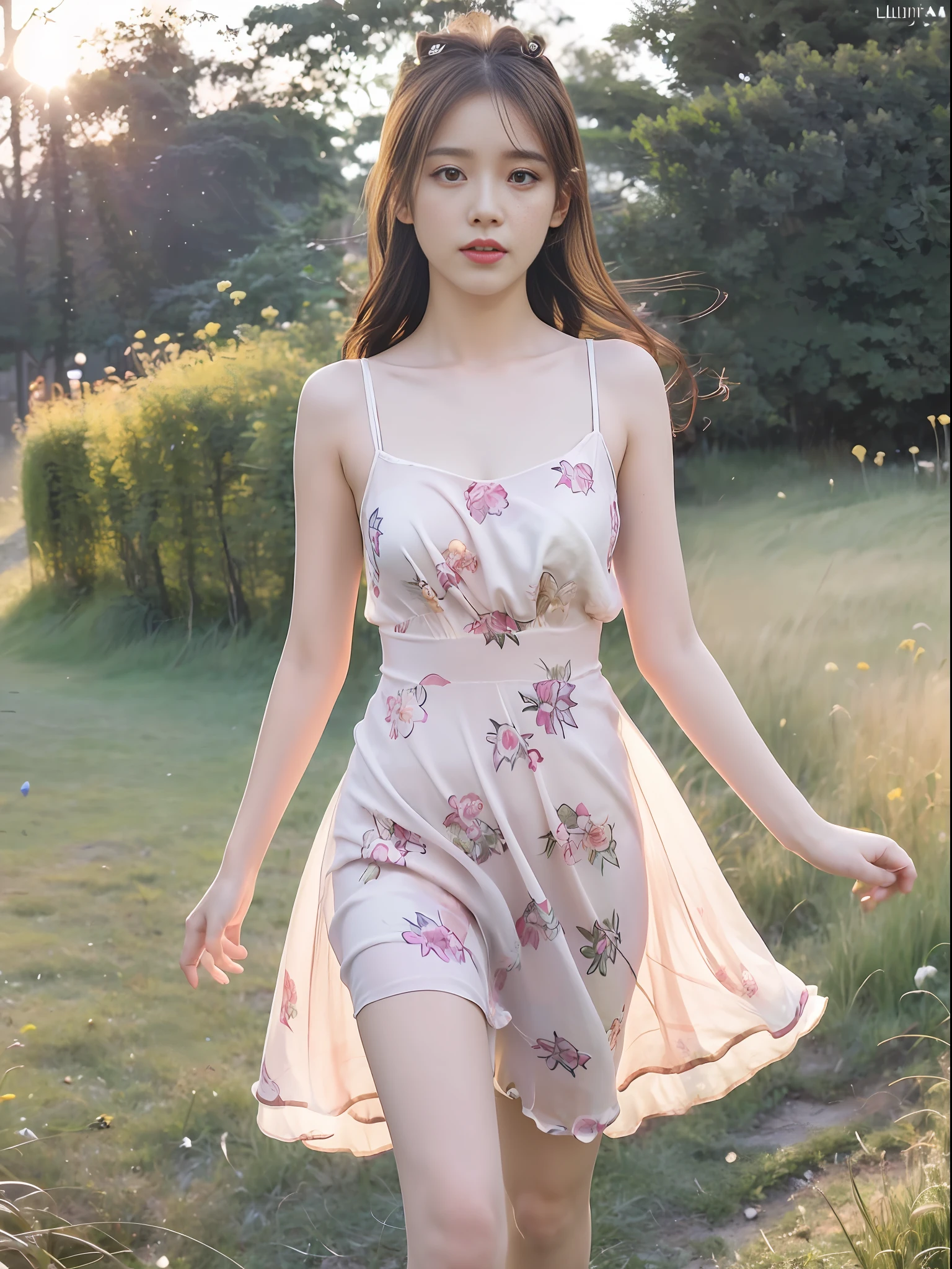 (masterpiece,best quality,ultra high res,8K,photorealistic,realistic,raw photo,illustration,real person,photograph),.(amazing,finely detail,an extremely delicate and beautiful,sharp focus),.1girl,solo,full body,moyou,(Village: 1.3) + (Sunset: 1.2) + (Ambilight: 1.1) + (Soft Singing) + (Soft Light :(Girls:1.2), Unique Atmosphere),(Girl with Unique Atmosphere, Wearing (Floral Dress) Being) (Meadow:1.1) + (Walking) + (Letting Go of Yourself),(Sunshine: 0.8) + (Breeze:0.7),dark theme,.,high quality,
