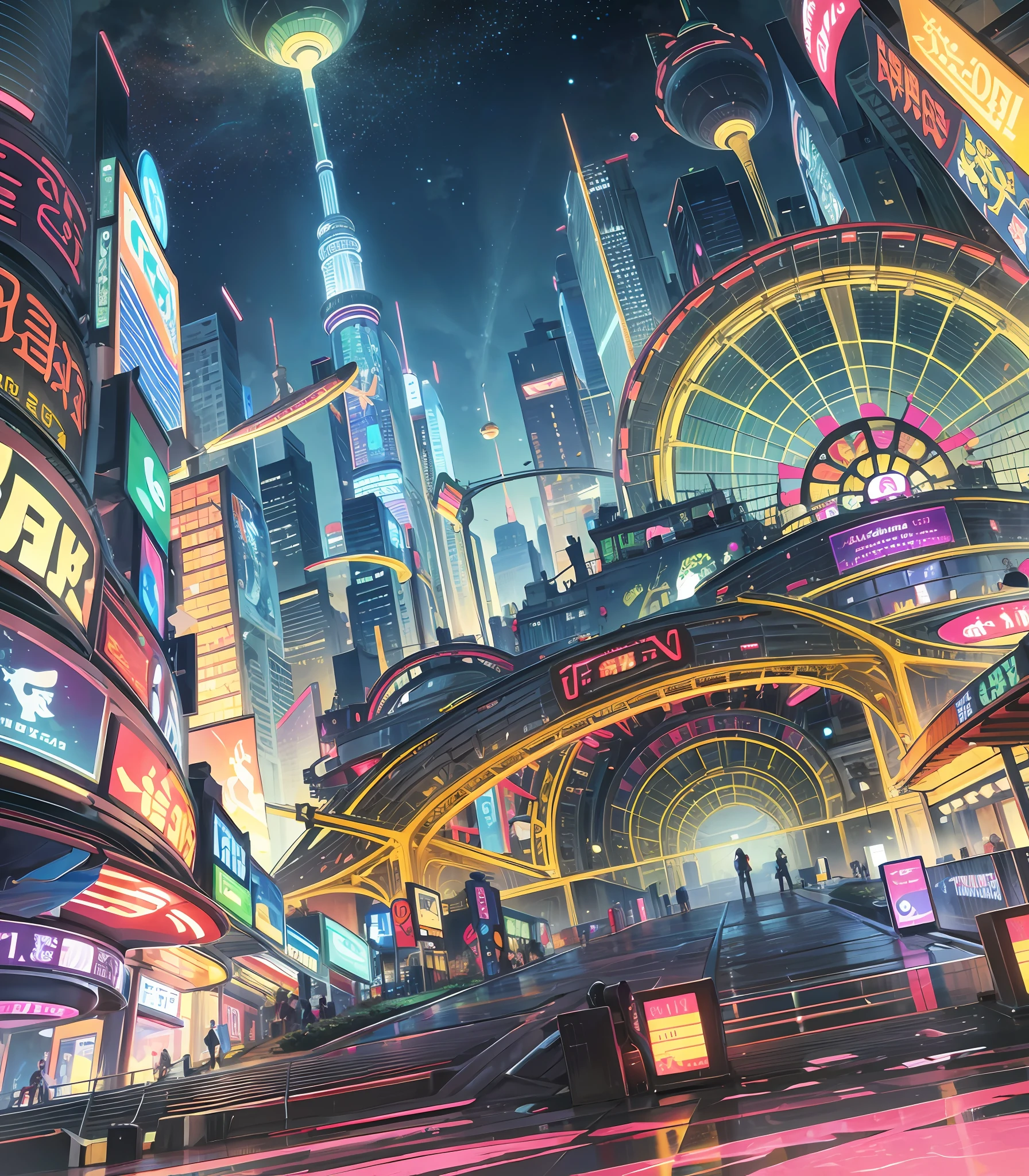In a cartoon style, create a fun and colorful image. In the scenery, we have a futuristic theme park with exciting roller coasters and Ferris wheels festooned with bright lights. Animated characters, such as friendly robots and funny aliens, interact and have fun in the park. In the background, we can see futuristic skyscrapers that stretch into the starry night sky. The use of vibrant colors and expressive strokes enhances the lively character of the image. Pixel: 640x480, Resolution: 1, Sampling method: DDIM, Number of simulation and integration steps: 15, CFG scale: 5, Seed: 123, Upscale: 1. Tags: masterpiece, fun, colors, characters, futuristic. --auto --s2