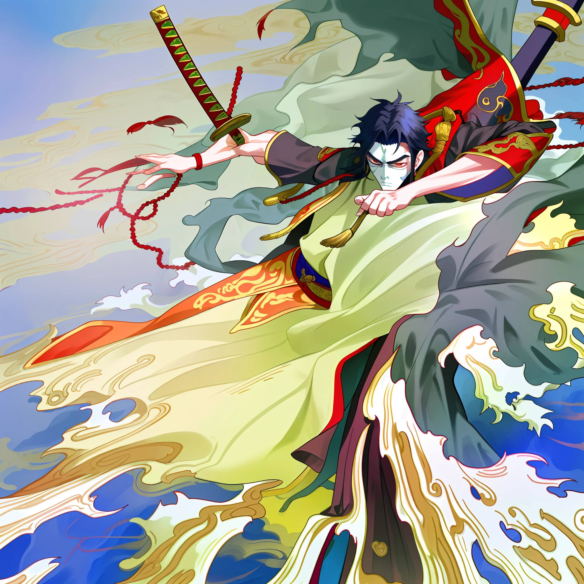 Holding a copper money sword, a long-haired boy dressed in a blood-stained Taoist costume, with a mask woven with copper coins on his face, a long sword made of human spine on his back, and a push of corpse remains at his feet