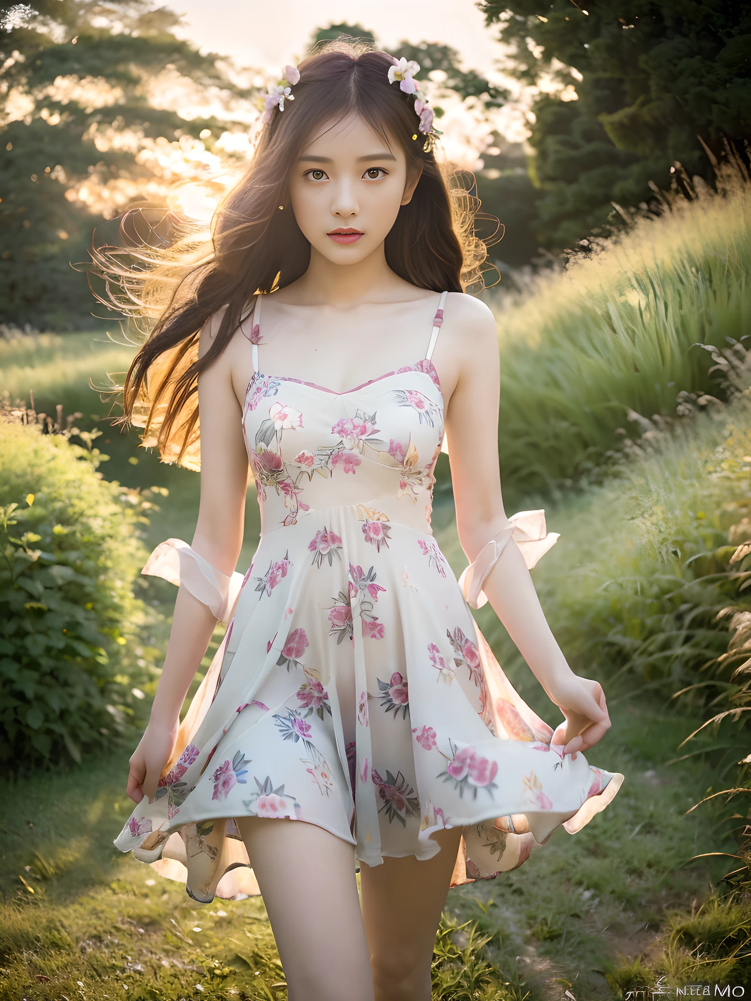 (masterpiece,best quality,ultra high res,8K,photorealistic,realistic,raw photo,illustration,real person,photograph),.(amazing,finely detail,an extremely delicate and beautiful,sharp focus),.1girl,solo,full body,moyou,(Village: 1.3) + (Sunset: 1.2) + (Ambilight: 1.1) + (Soft Singing) + (Soft Light :(Girls:1.2), Unique Atmosphere),(Girl with Unique Atmosphere, Wearing (Floral Dress) Being) (Meadow:1.1) + (Walking) + (Letting Go of Yourself),(Sunshine: 0.8) + (Breeze:0.7),dark theme,.,high quality,