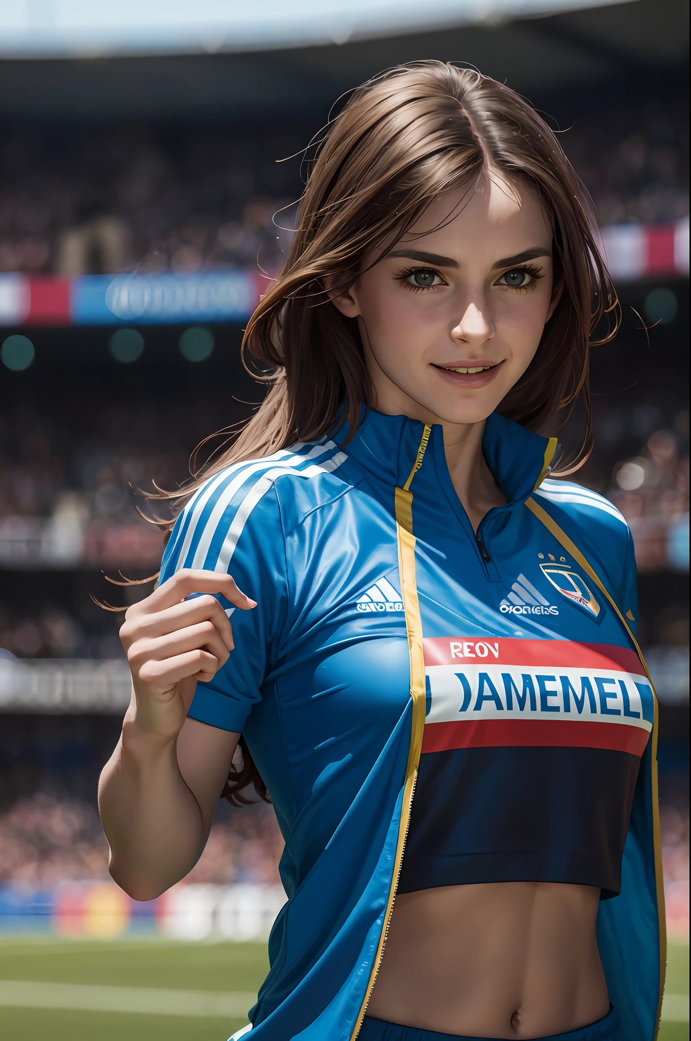 A sophisticated French woman, in her Marseille Olympic club football outfit, is seen celebrating this football victory in the stadium, the 4K resolution image captures the fiery passion in her eyes and the colorful range of products