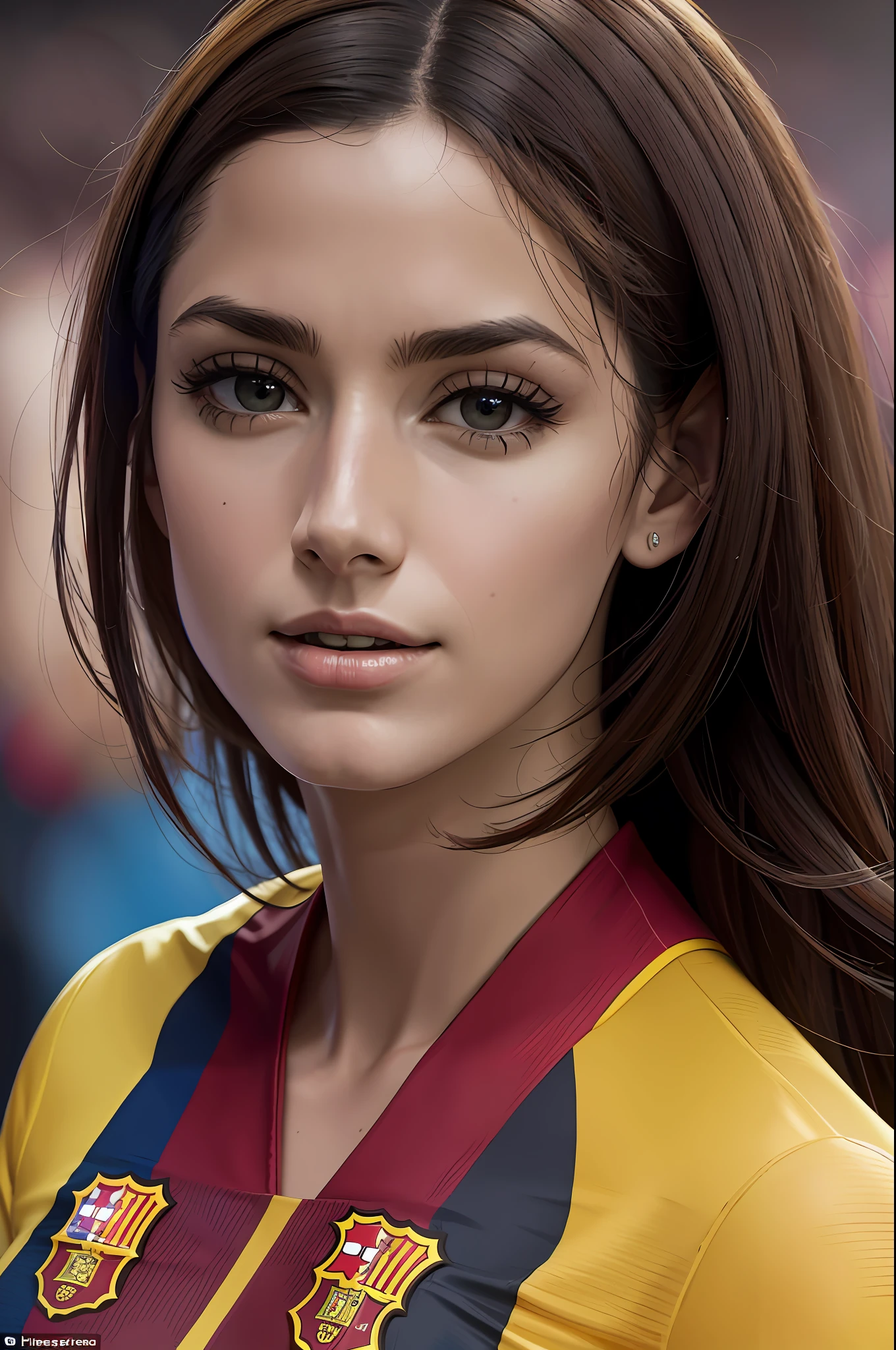 A sophisticated Spanish woman, in her Barça club football outfit, is seen playing football with these friends in the stadium, The 4K resolution image captures the fiery passion in her eyes and the colorful range of products