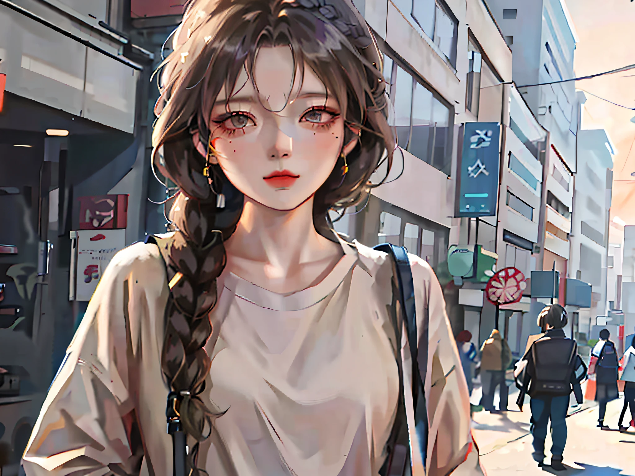 anime girl with braid hair and a bag on a city street, realistic anime 3 d style, artwork in the style of guweiz, anime style. 8k, anime style 4 k, guweiz, realistic anime artstyle, digital anime illustration, anime realism style, beautiful anime girl, urban girl fanart, beautiful anime portrait, realistic anime art style
