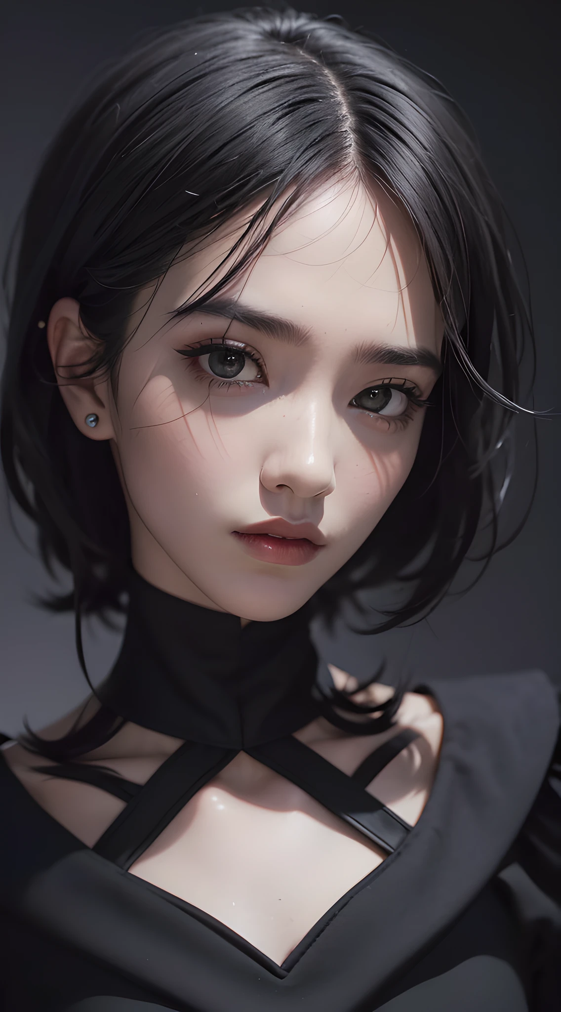 masterpiece, best quality, 35mm, 8k, absurdres, beautiful girl, (upper body, dark grey background:1.4), (black classical dress, black hair:1.6), slender, dark studio, rim lighting, ultra realistic, highres, photography, film grain, chromatic aberration, depth of field, sharp focus, HDR, facelight, dynamic lighting, cinematic lighting, professional shadow, dark shadow, highest detailed, extreme detailed, ultra detailed, finely detail, real skin, delicate facial features, detailed face and eyes, sharp pupils, realistic pupils, Trang Tien